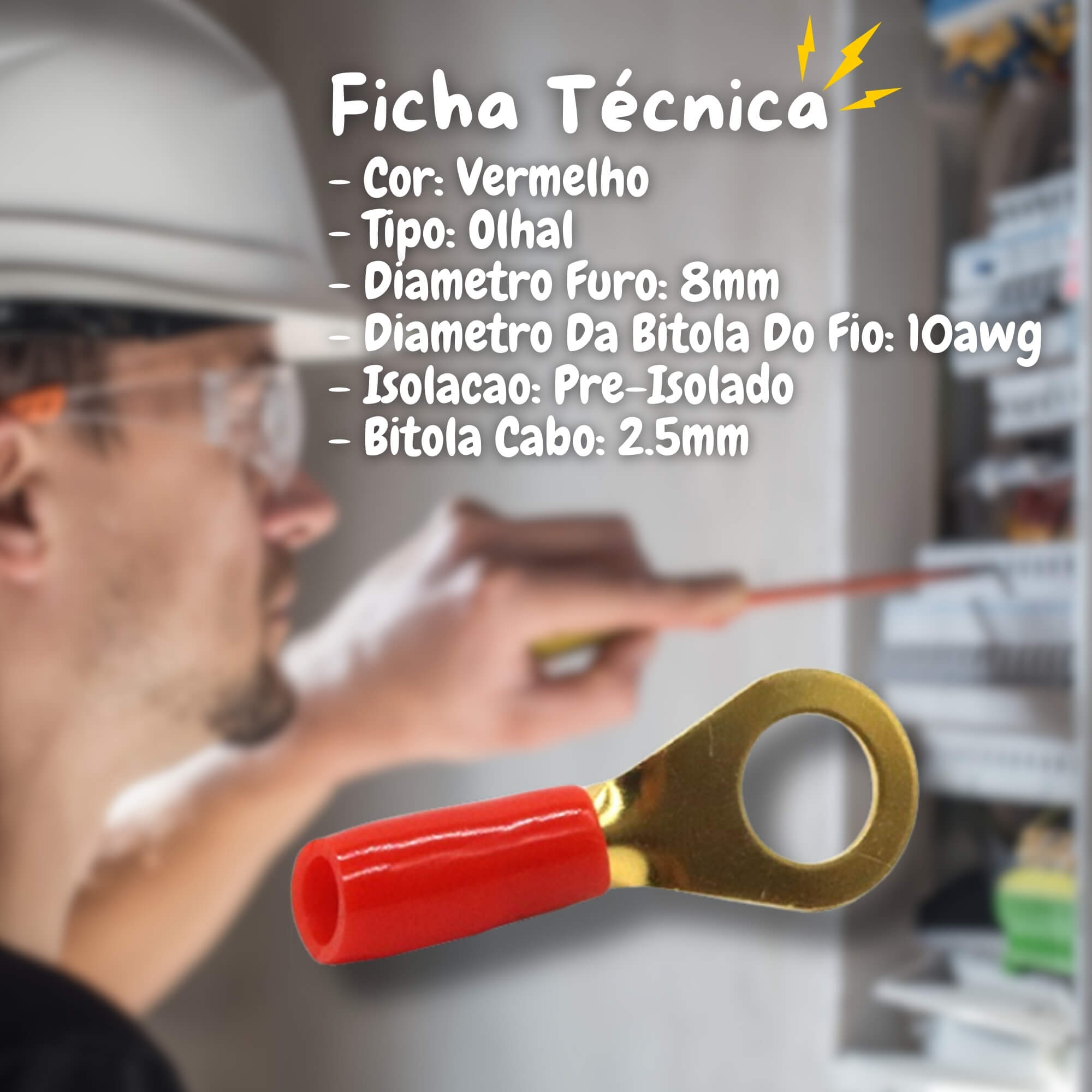 Terminal Olhal Anel 10 AWG Vermelho 8mm Pré Isolado 50 Unidades Tech One - PW-B-CX-50-2556
