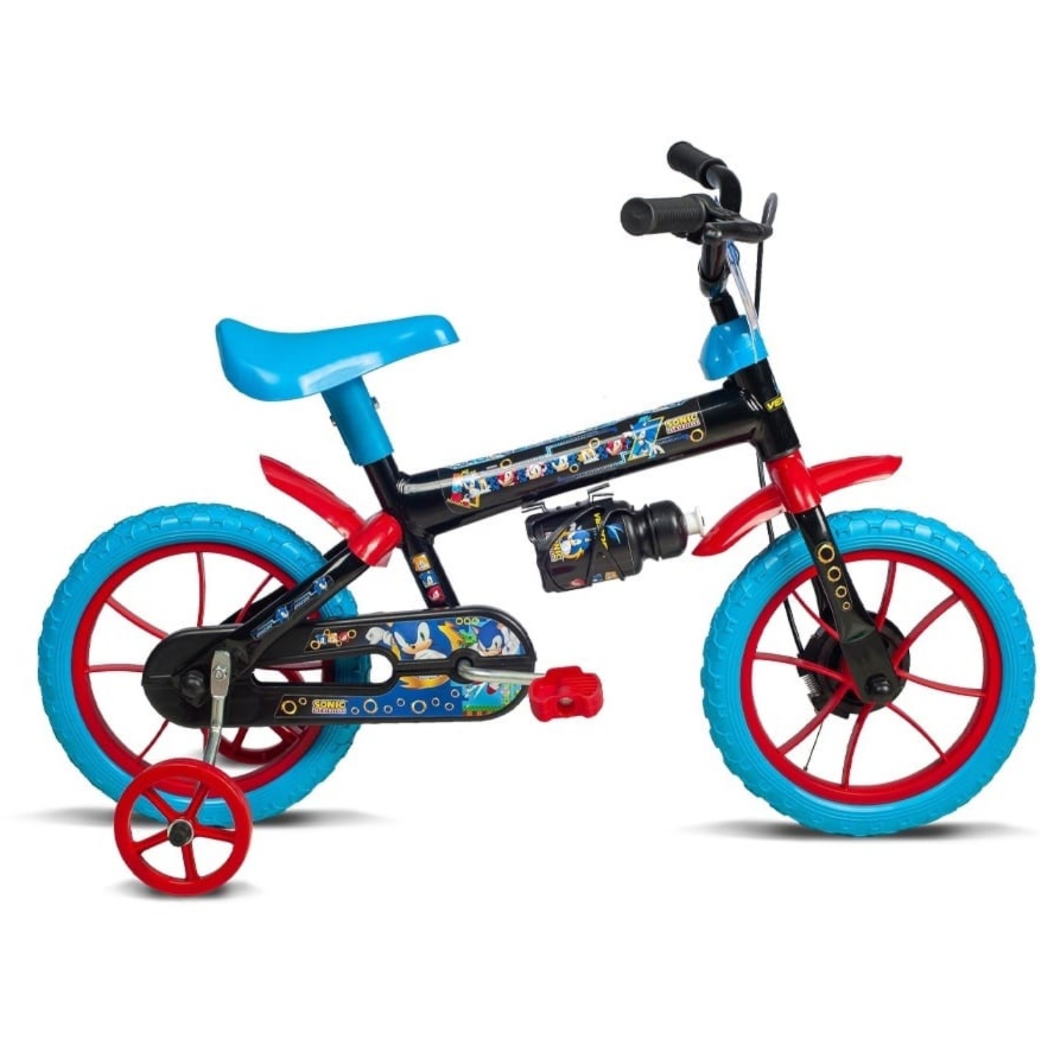 Bicicleta Infantil Sonic Aro 12 Preta e Azul com Rodinha e Garrafinha Verden - 10492
