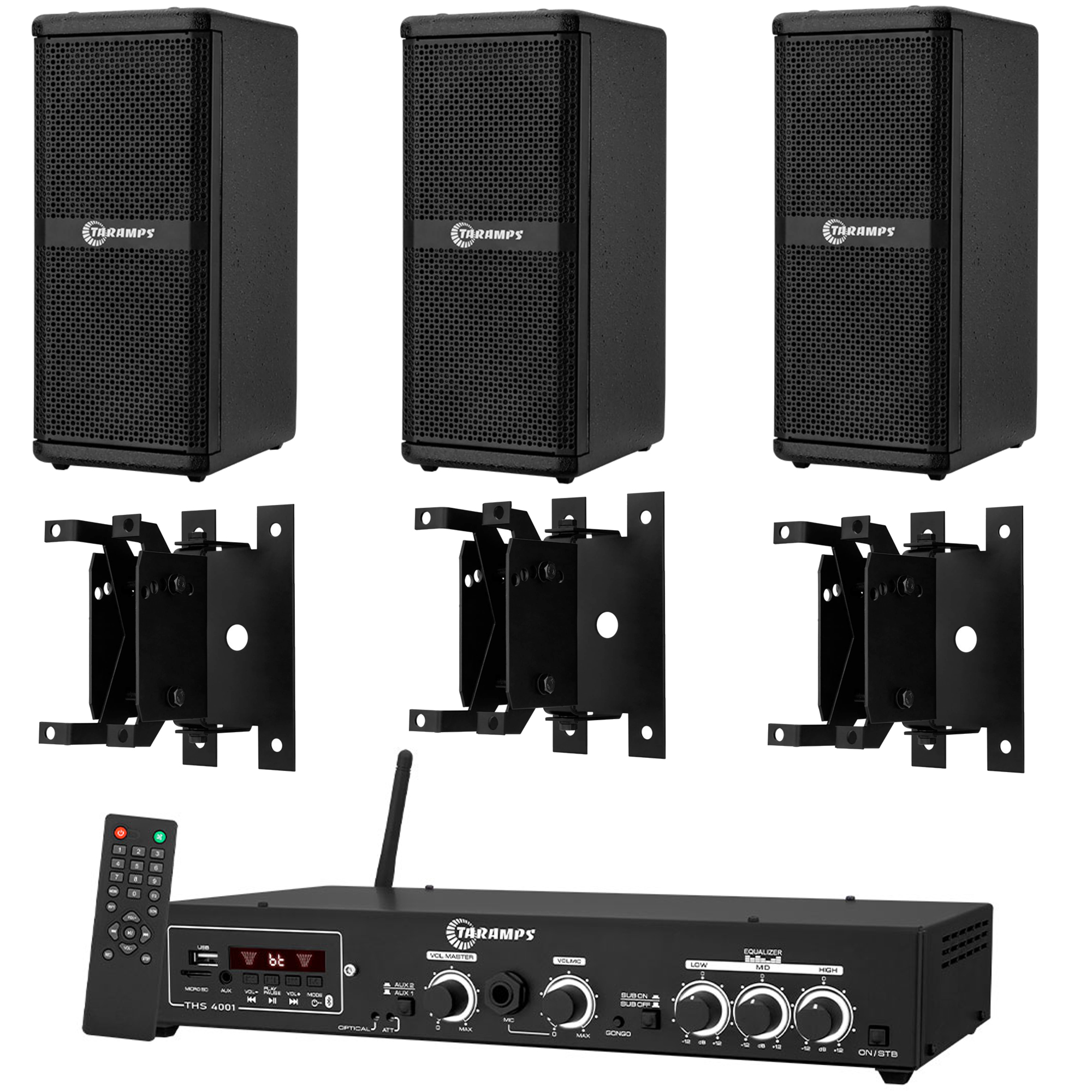 COMP Kit Amplificador Taramps THS 4001 + 3 Caixas 200.2HF + 3 Suportes