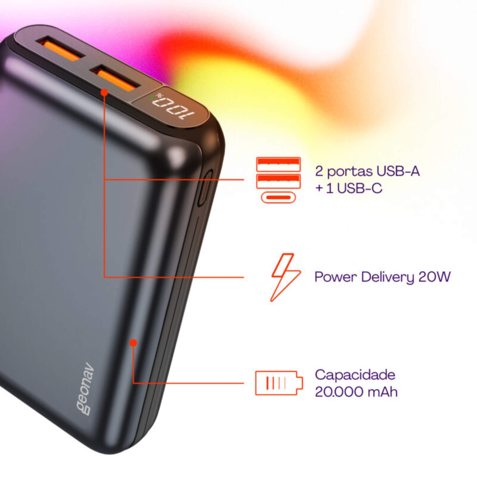 Power Bank Carregador Portátil 20.000 mAh 20W Cinza Espacial Geonav - PB20K20WSG