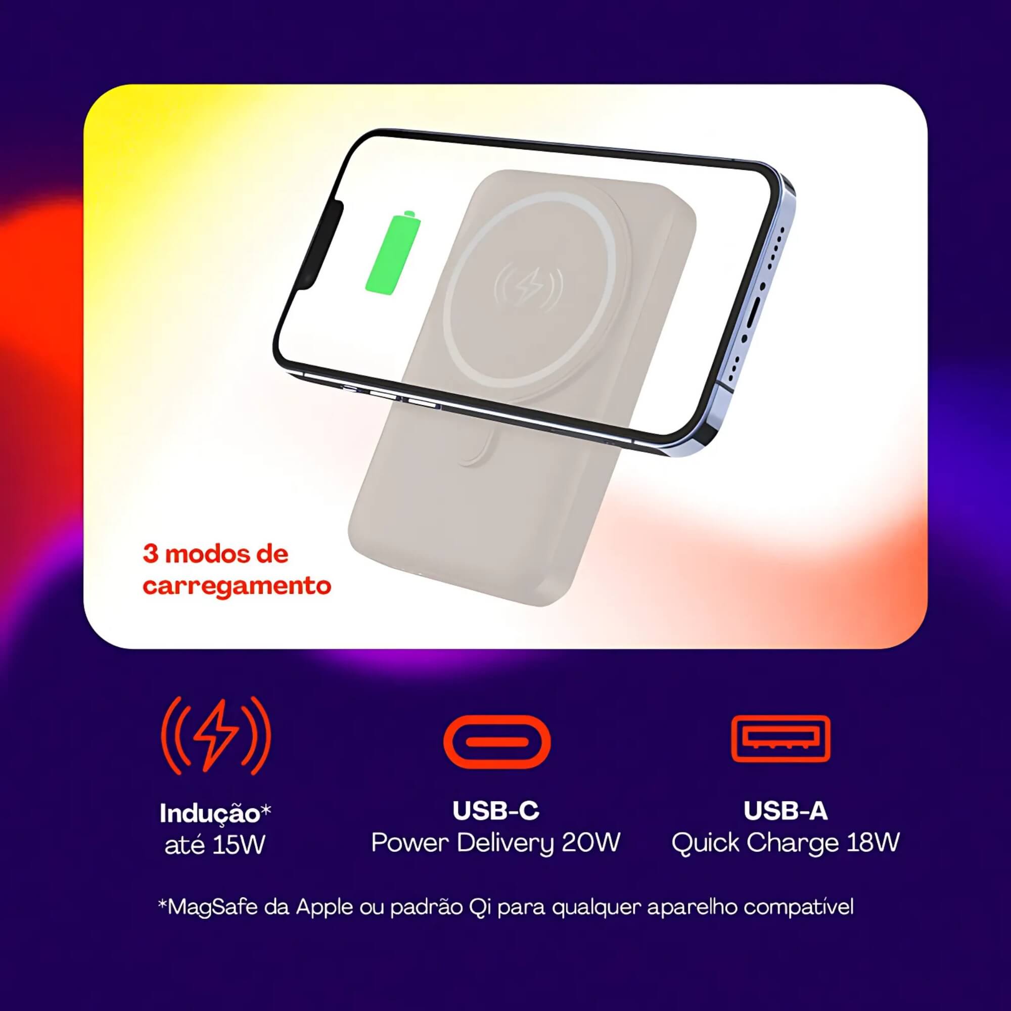 Carregador por Indução Portátil 10.000 mAh Compatível Magsafe Off White Geonav - PB10MAGOW