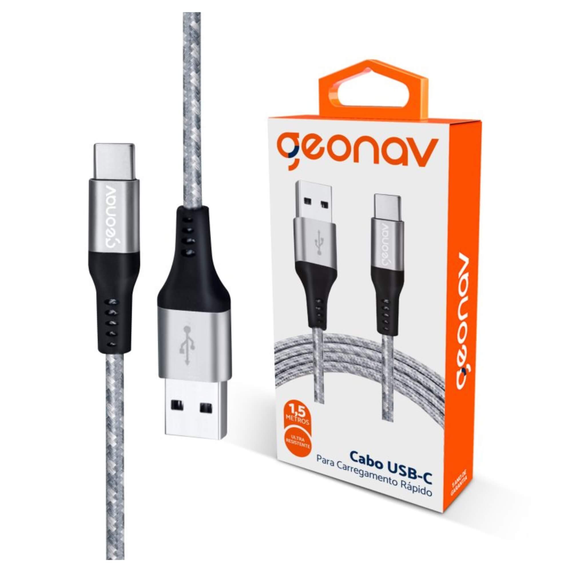Cabo USB-C para USB-A 2.0 Nylon Trançado Carregamento Rápido 1.5m Geonav - UCC06