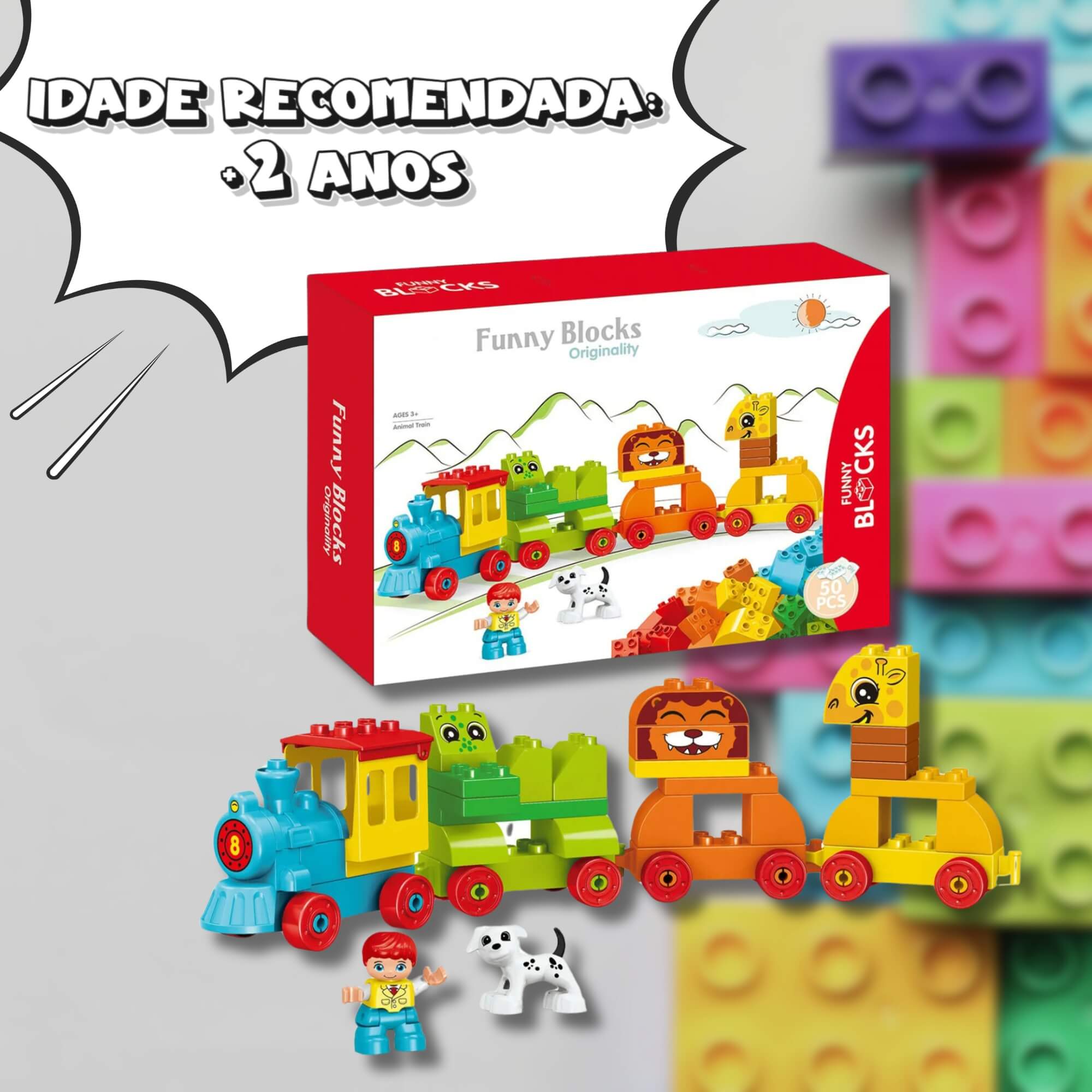Bloco de Montar Cubic Jr. Trem Zoológico Animais 50 Peças +2 Anos Multikids - BR2250