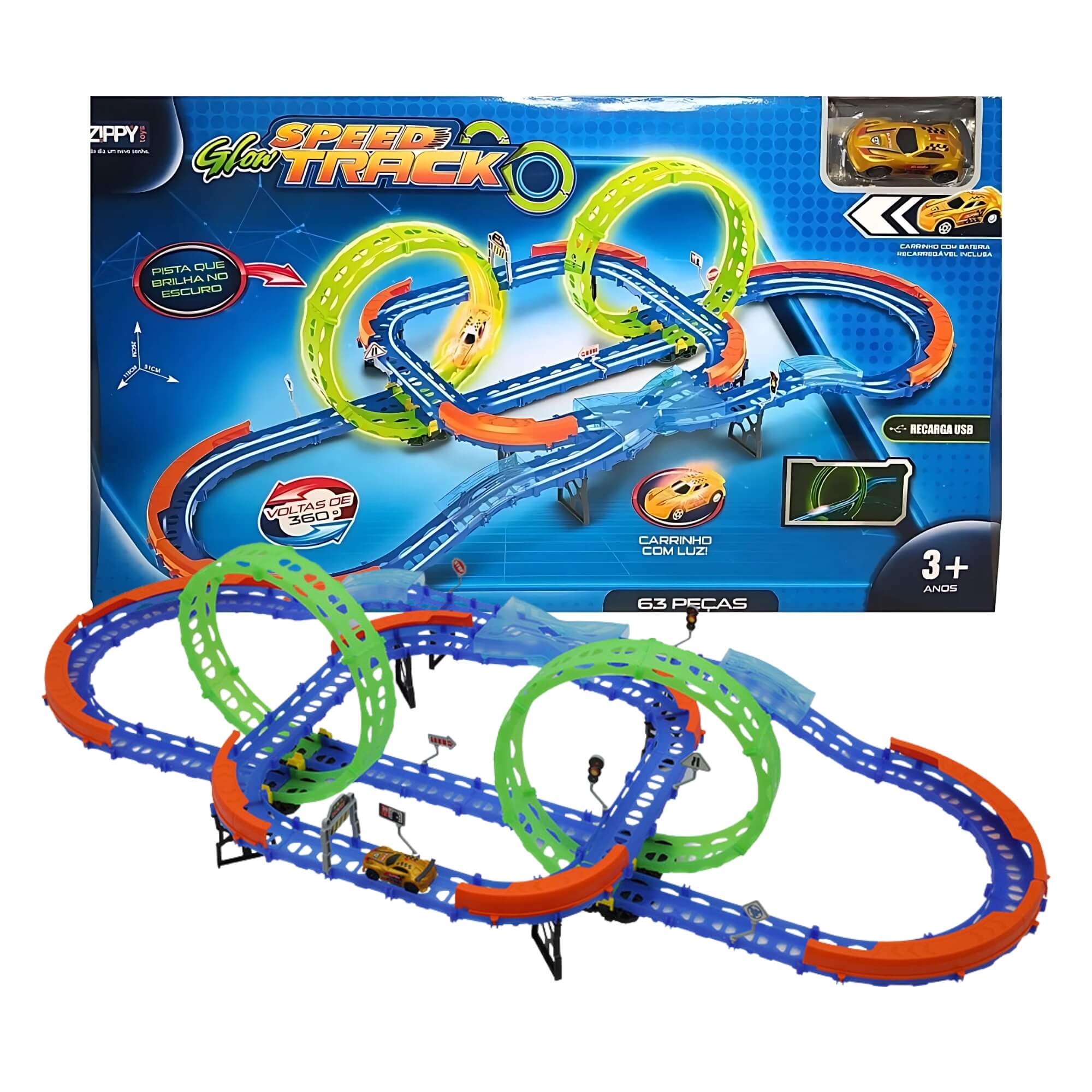 Pista de Carrinho de Corrida Glow Speed Speed Track 63 Peças Giro 360 Zippy Toys - 9171