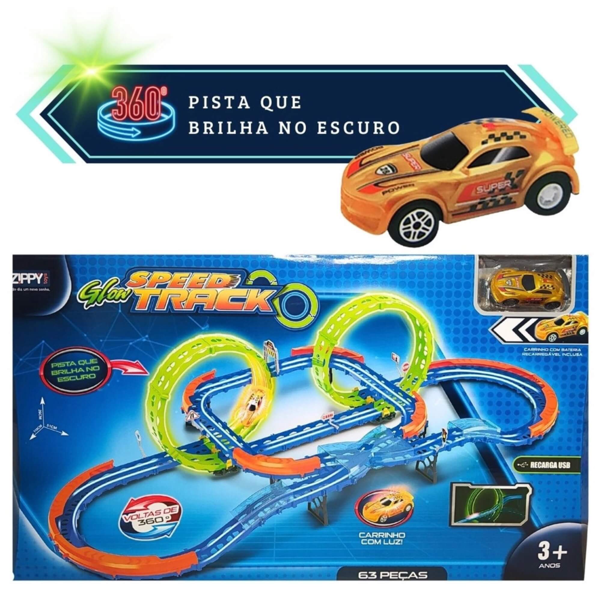 Pista de Carrinho de Corrida Glow Speed Speed Track 63 Peças Giro 360 Zippy Toys - 9171
