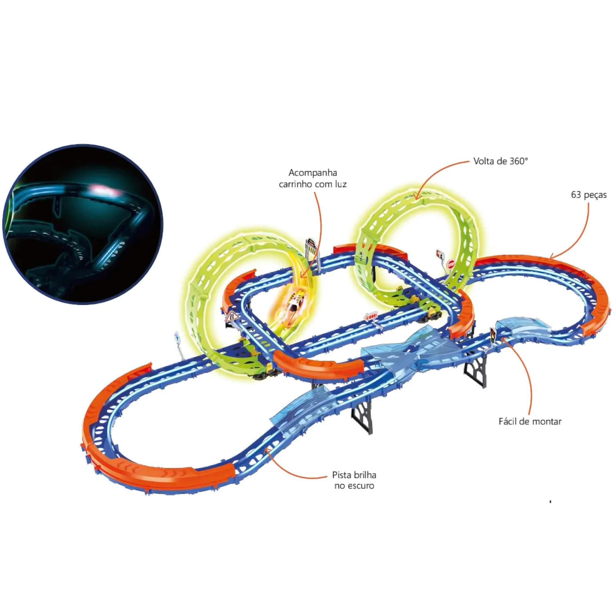 Pista de Carrinho de Corrida Glow Speed Speed Track 63 Peças Giro 360 Zippy Toys - 9171