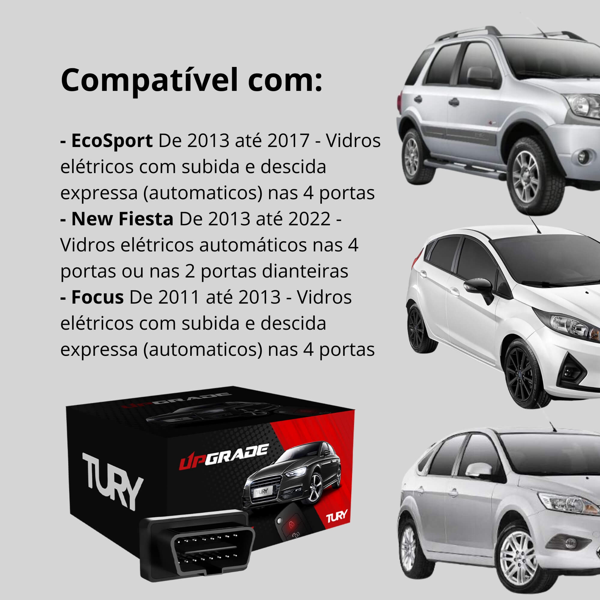 Módulo Automação de Vidro Elétrico compatível com EcoSport, New Fiesta e Focus Tury - OBDFORD2