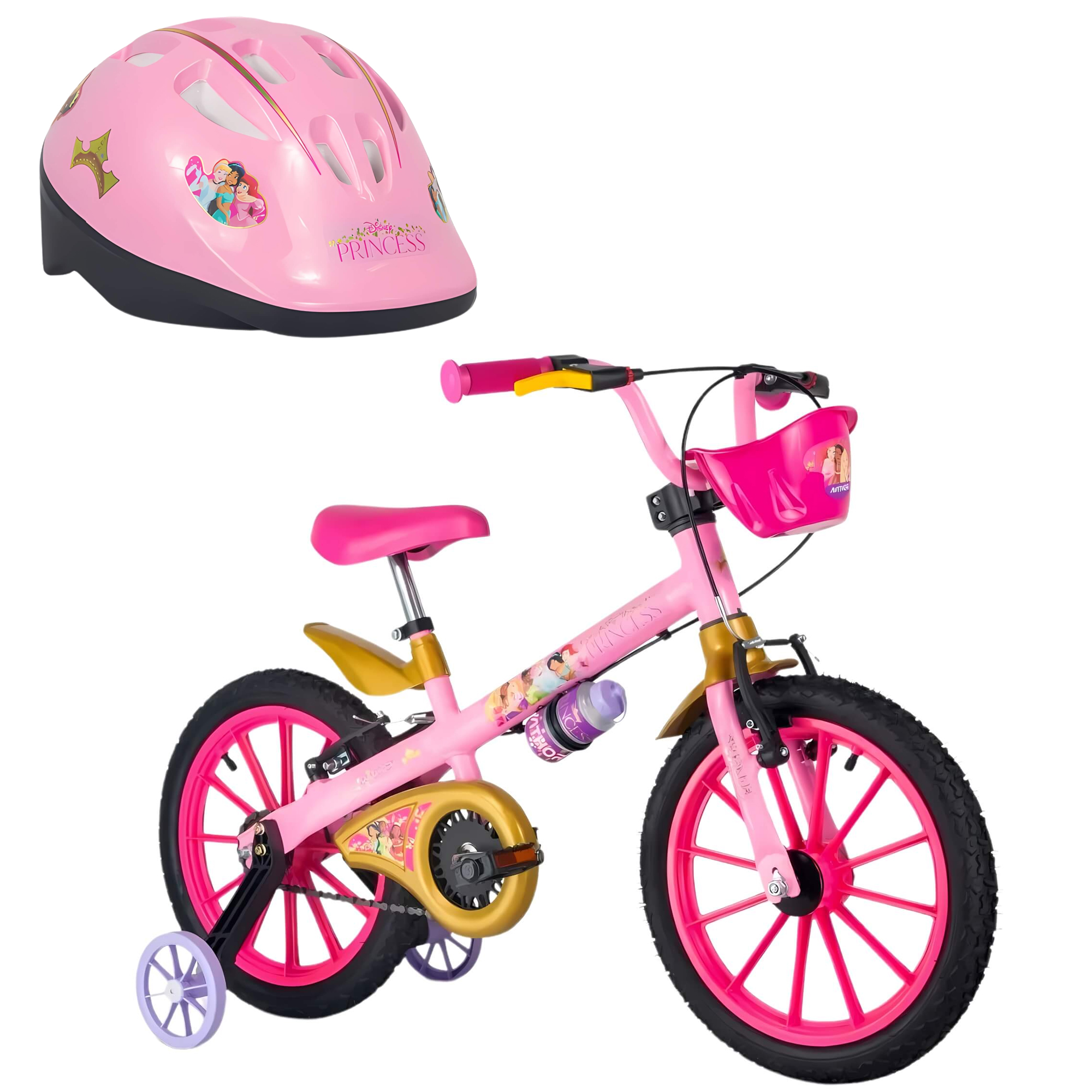 COMP Kit Bicicleta Infantil Aro 16" com Rodinhas Princesas + Capacete Rosa Princesas Nathor