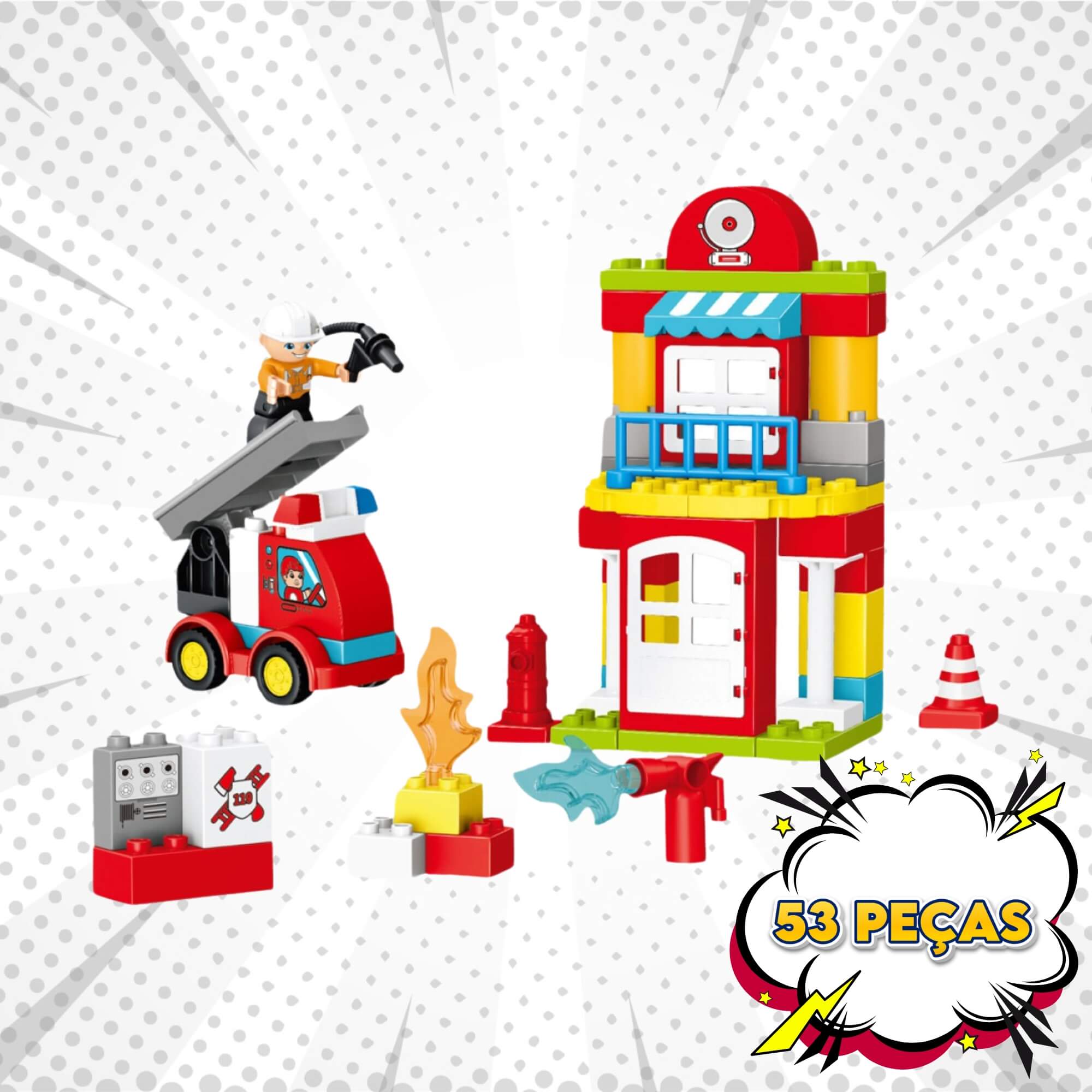Brinquedo Infantil Blocos de Montar Cubic Jr Estação de Bombeiro 53 Peças Multikids - BR2251