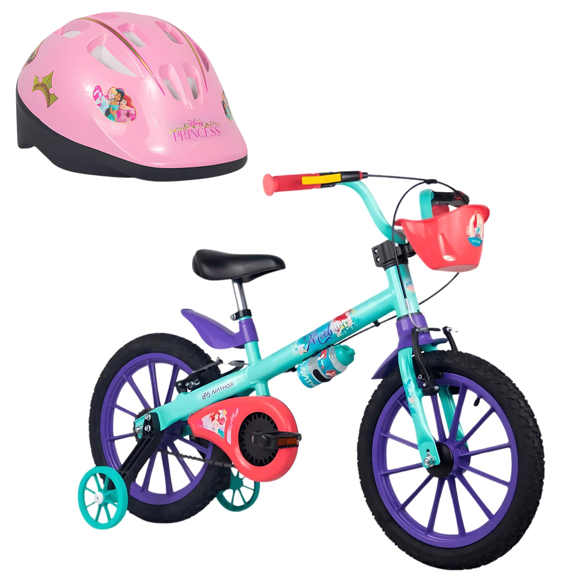 COMP Kit Bicicleta Infantil Aro 16" com Rodinhas A Pequena Sereia + Capacete Rosa Princesas Nathor