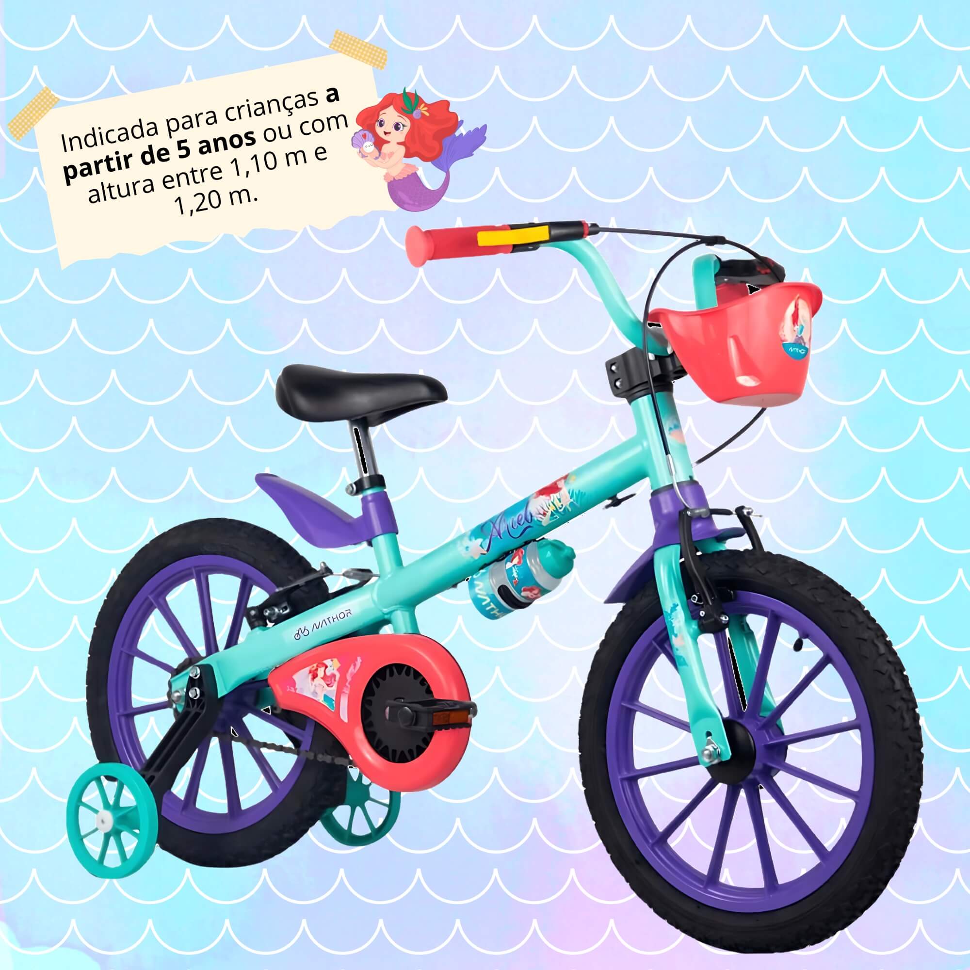 COMP Kit Bicicleta Infantil Aro 16" com Rodinhas A Pequena Sereia + Capacete Rosa Princesas Nathor