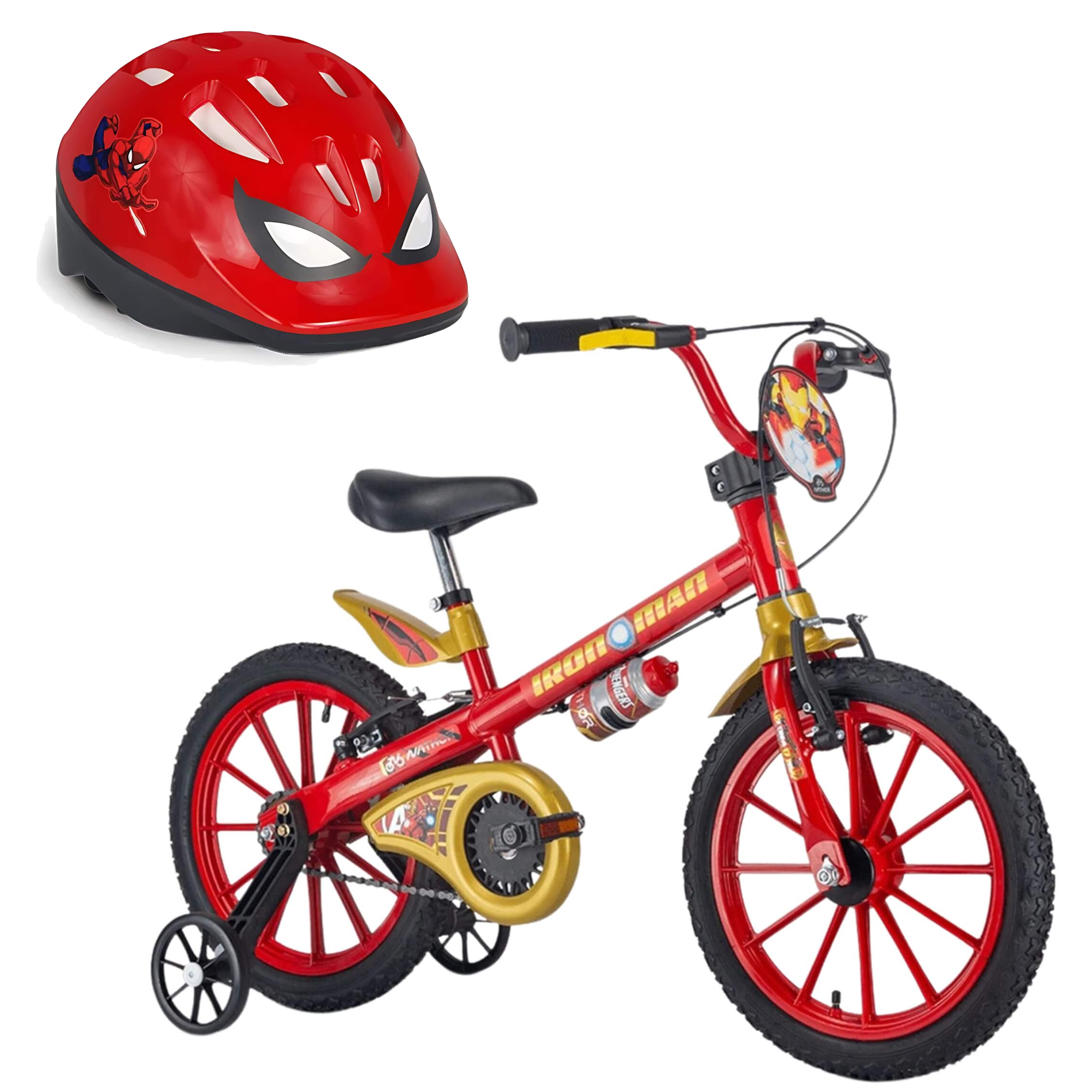 COMP Kit Bicicleta Infantil Aro 16" Homem de Ferro + Capacete Homem Aranha Nathor