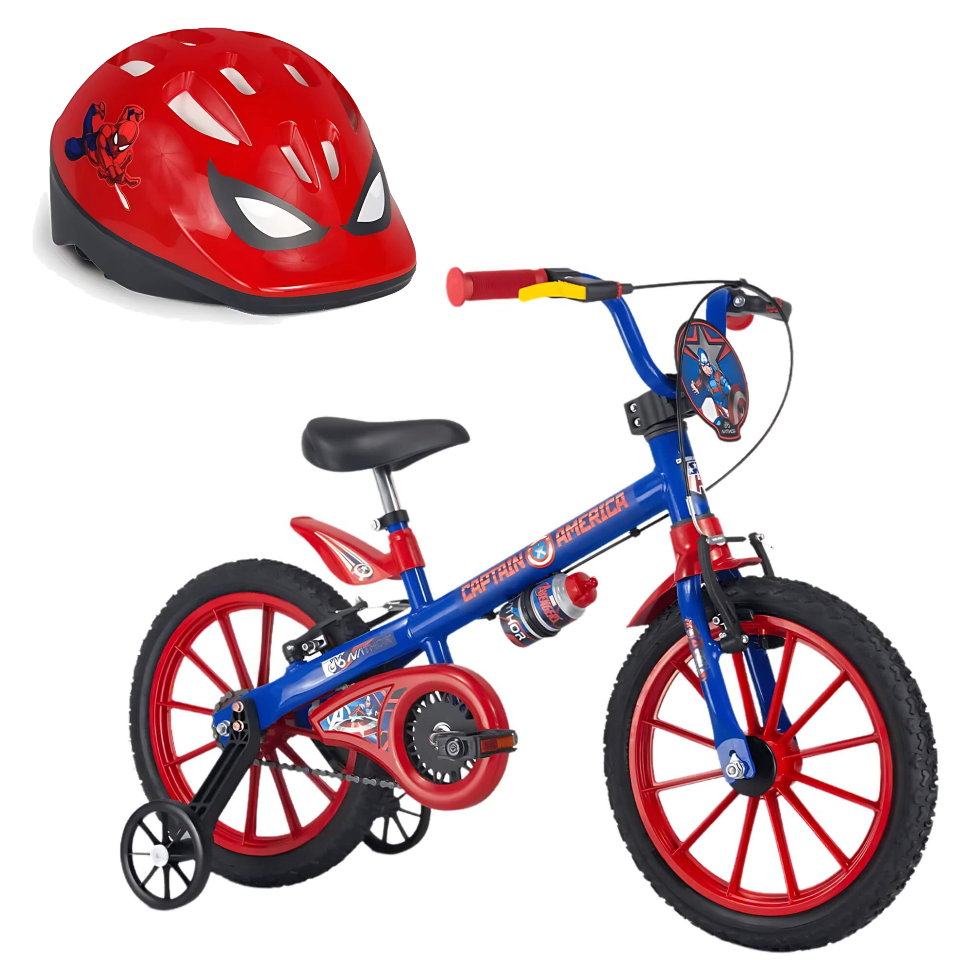 COMP Kit Bicicleta Infantil Aro 16"  Capitão América + Capacete Homem Aranha -  Nathor