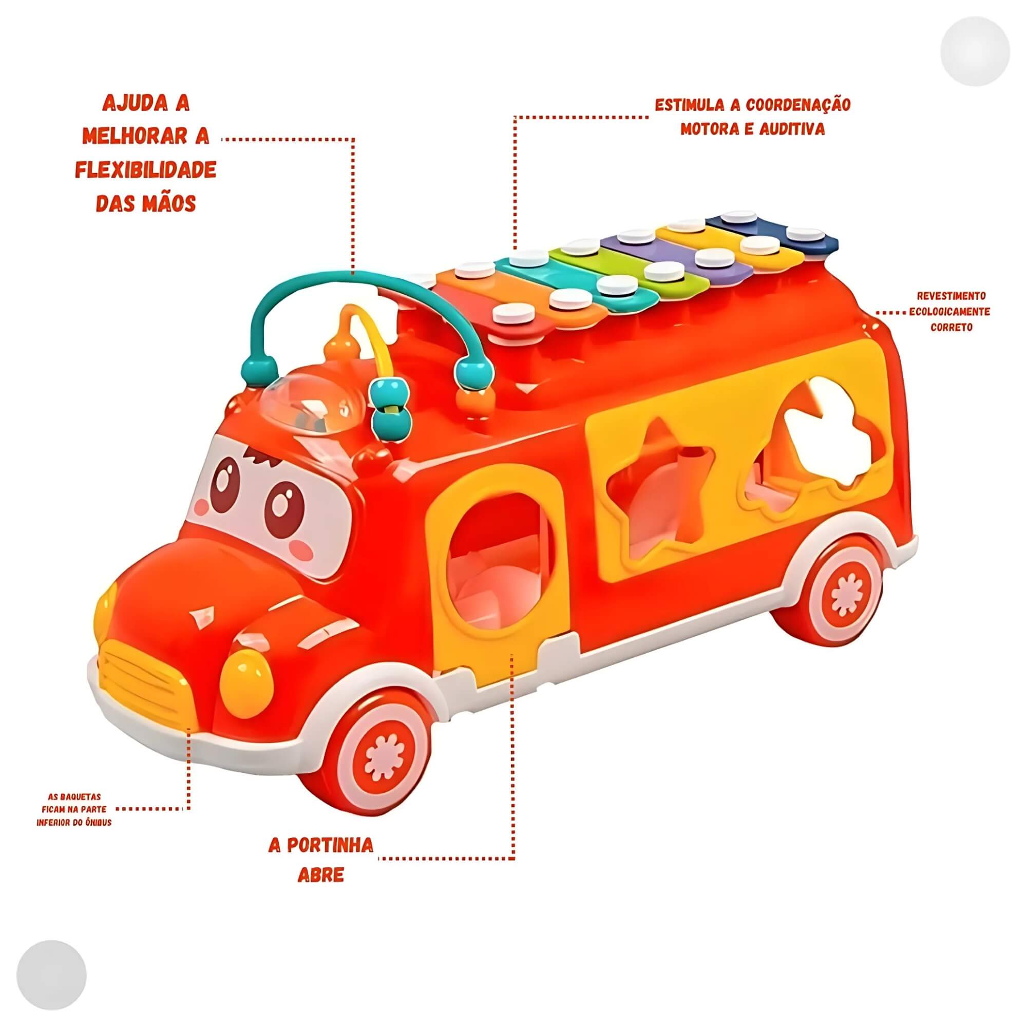Brinquedo Interativo Ônibus Musical Educativo com Xilofone e Peças de Encaixe Fenix - FBB-738VM