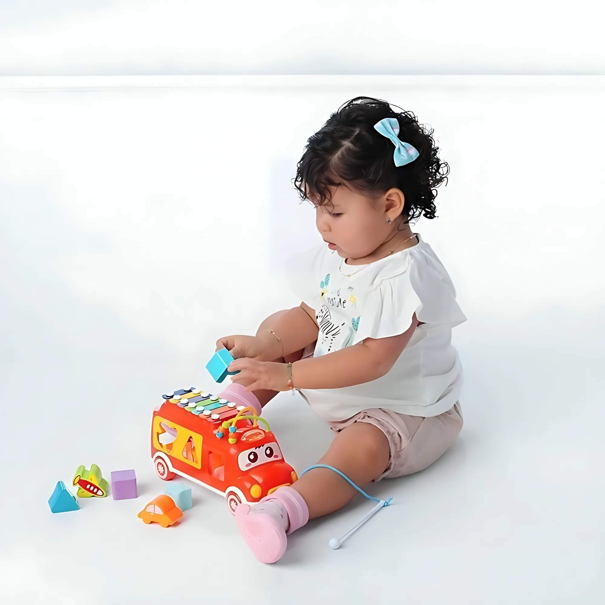 Brinquedo Interativo Ônibus Musical Educativo com Xilofone e Peças de Encaixe Fenix - FBB-738VM