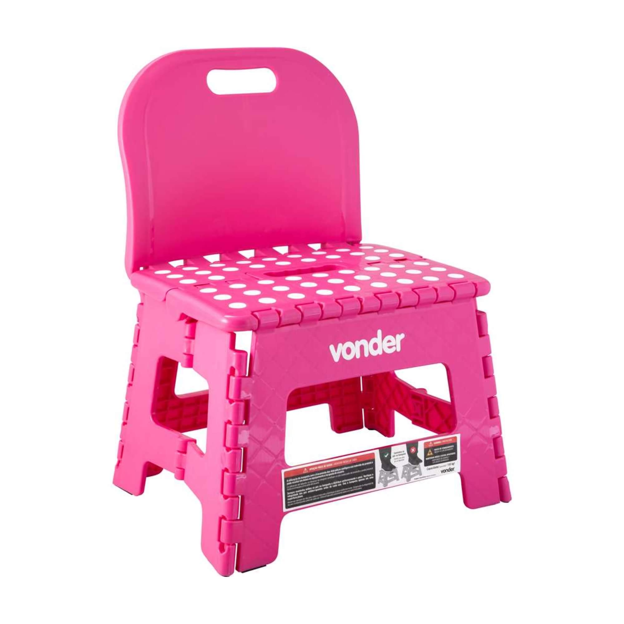 Banqueta Plástica Dobrável Rosa Altura 220mm com Encosto Vonder - 3540220004