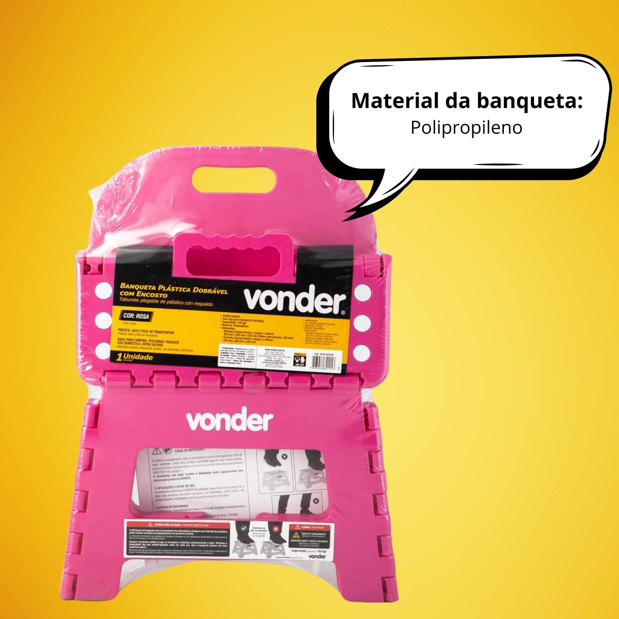 Banqueta Plástica Dobrável Rosa Altura 220mm com Encosto Vonder - 3540220004