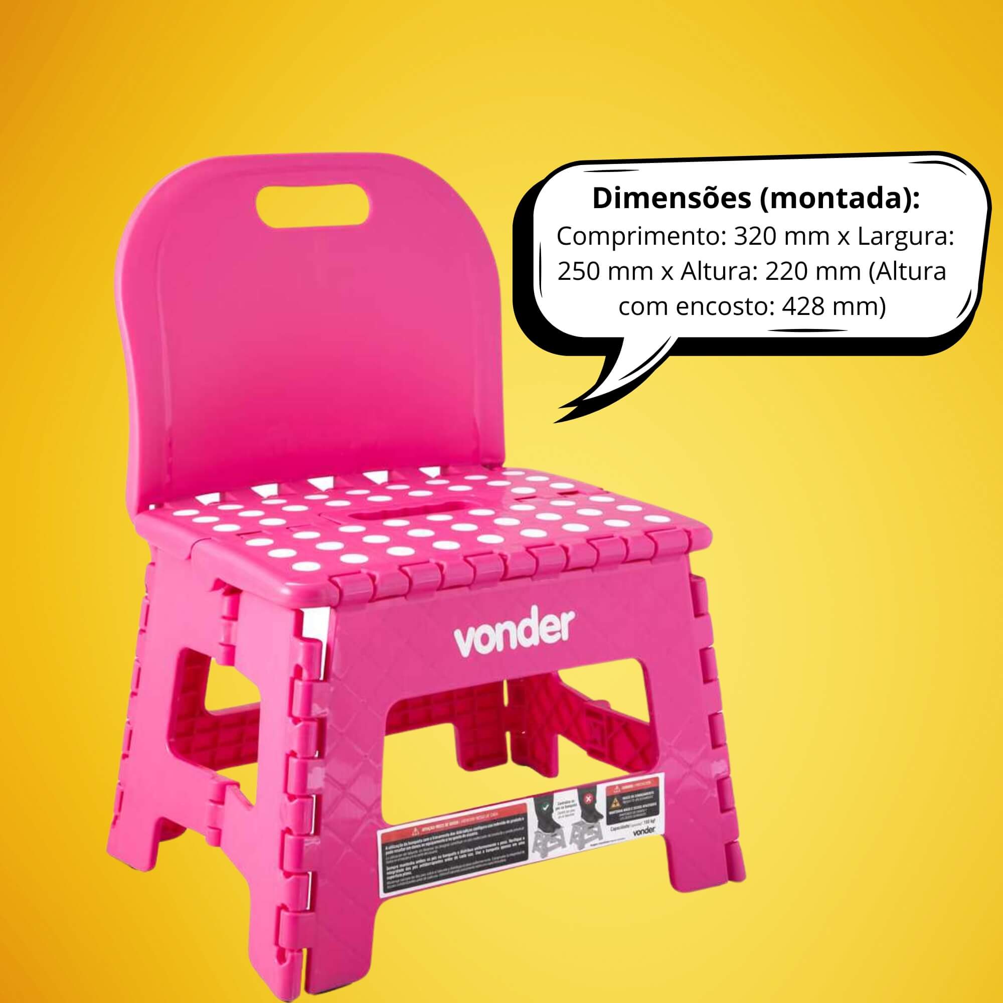 Banqueta Plástica Dobrável Rosa Altura 220mm com Encosto Vonder - 3540220004