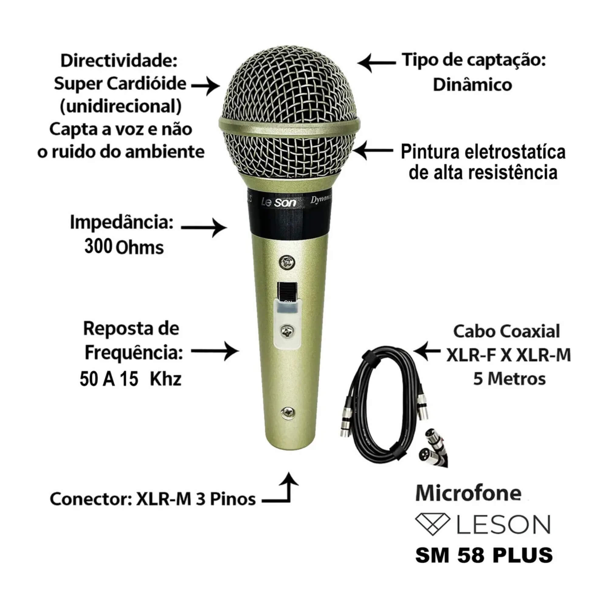 Microfone SM58 Plus Corpo Metálico Cabo Cannon Xlr Balanceado 5m Cor Champanhe Leson - 2AM058PLI
