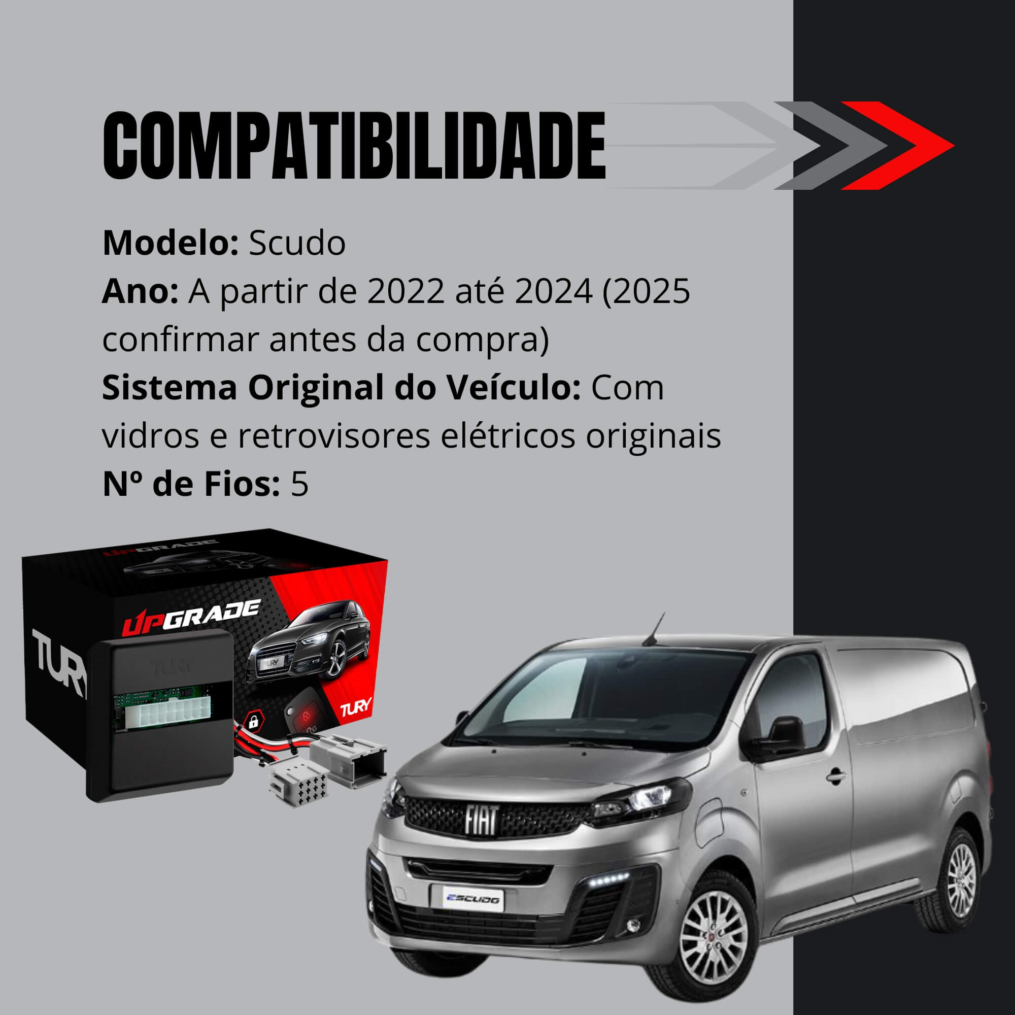 Módulo Inclinação Vidros + Retrovisores compatível c/ Scudo A partir de 2022 Tury - PARK4.4.3EG