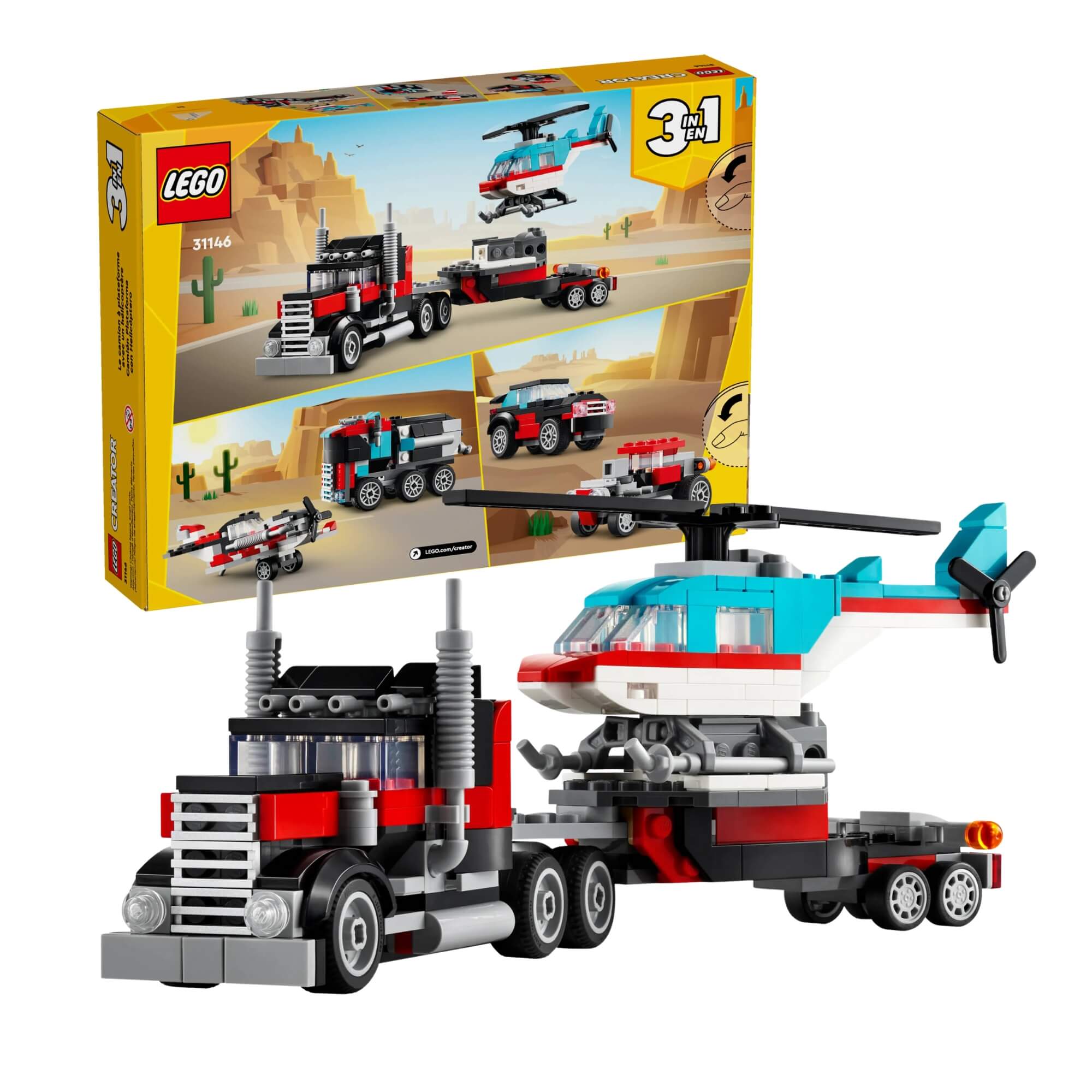 LEGO Creator 3 em 1 Caminhão Plataforma com Helicóptero 270 Peças - 4111131146