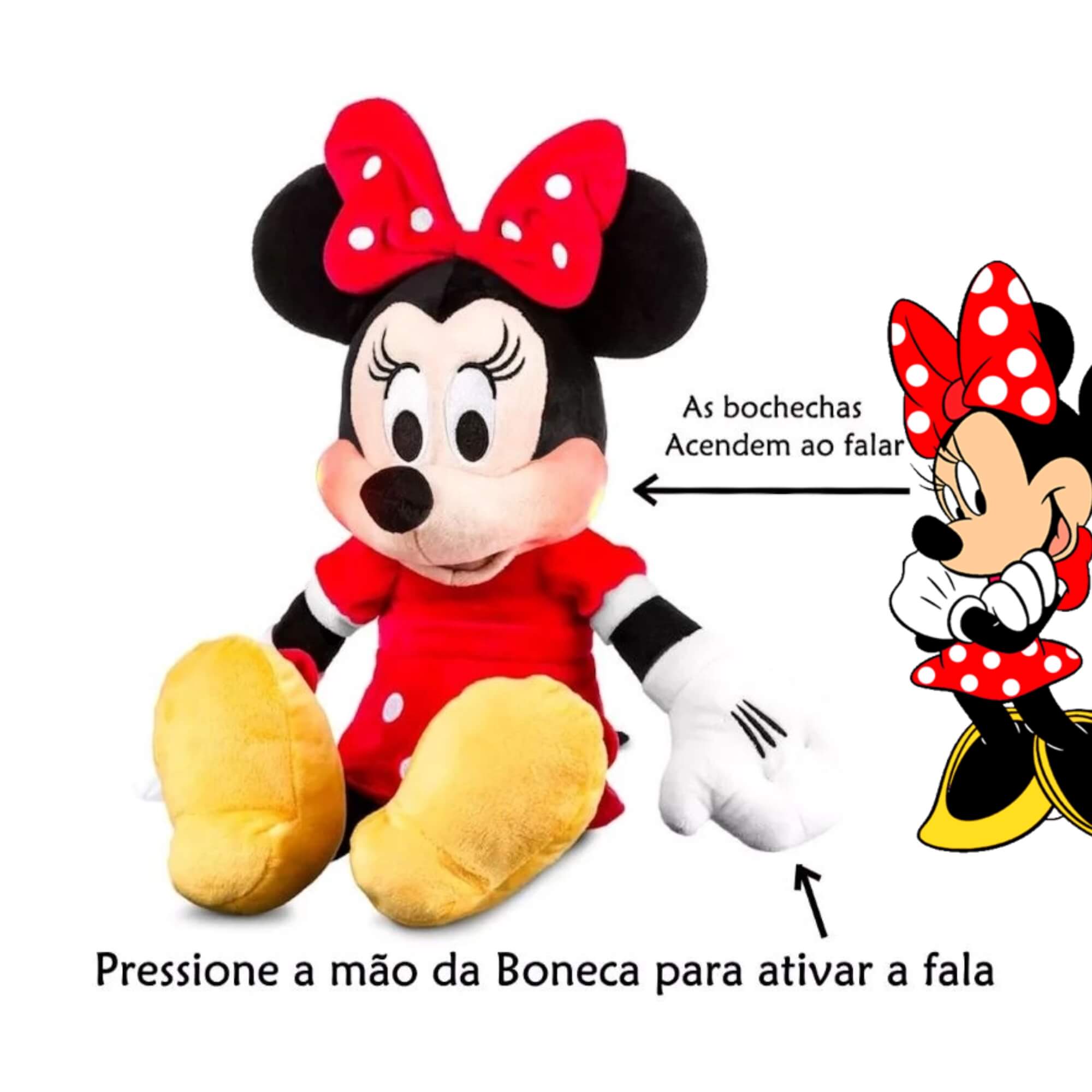 Pelúcia Minnie com Mecanismo Luz e Som 40cm Vestido Vermelho Multikids - BR2348