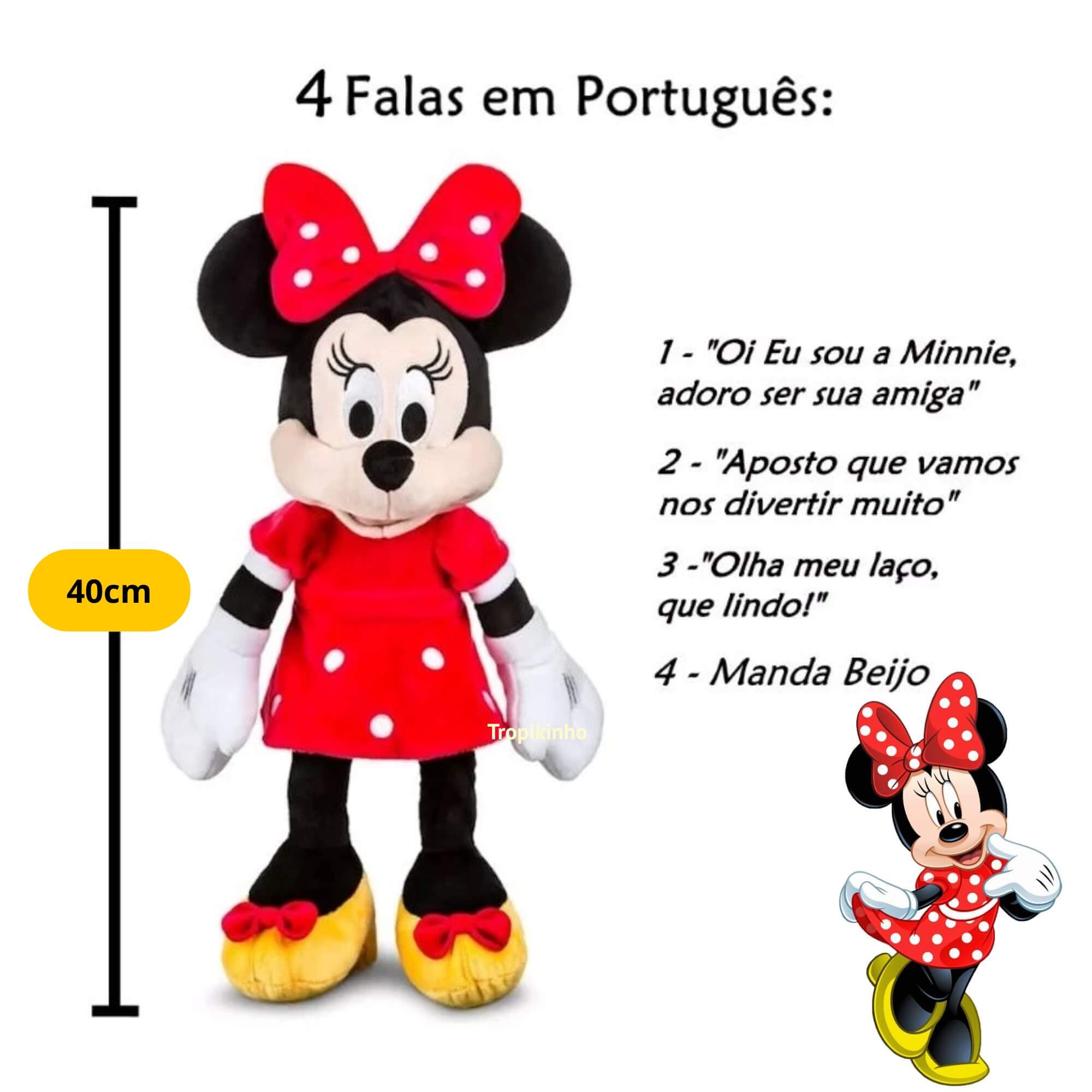 Pelúcia Minnie com Mecanismo Luz e Som 40cm Vestido Vermelho Multikids - BR2348