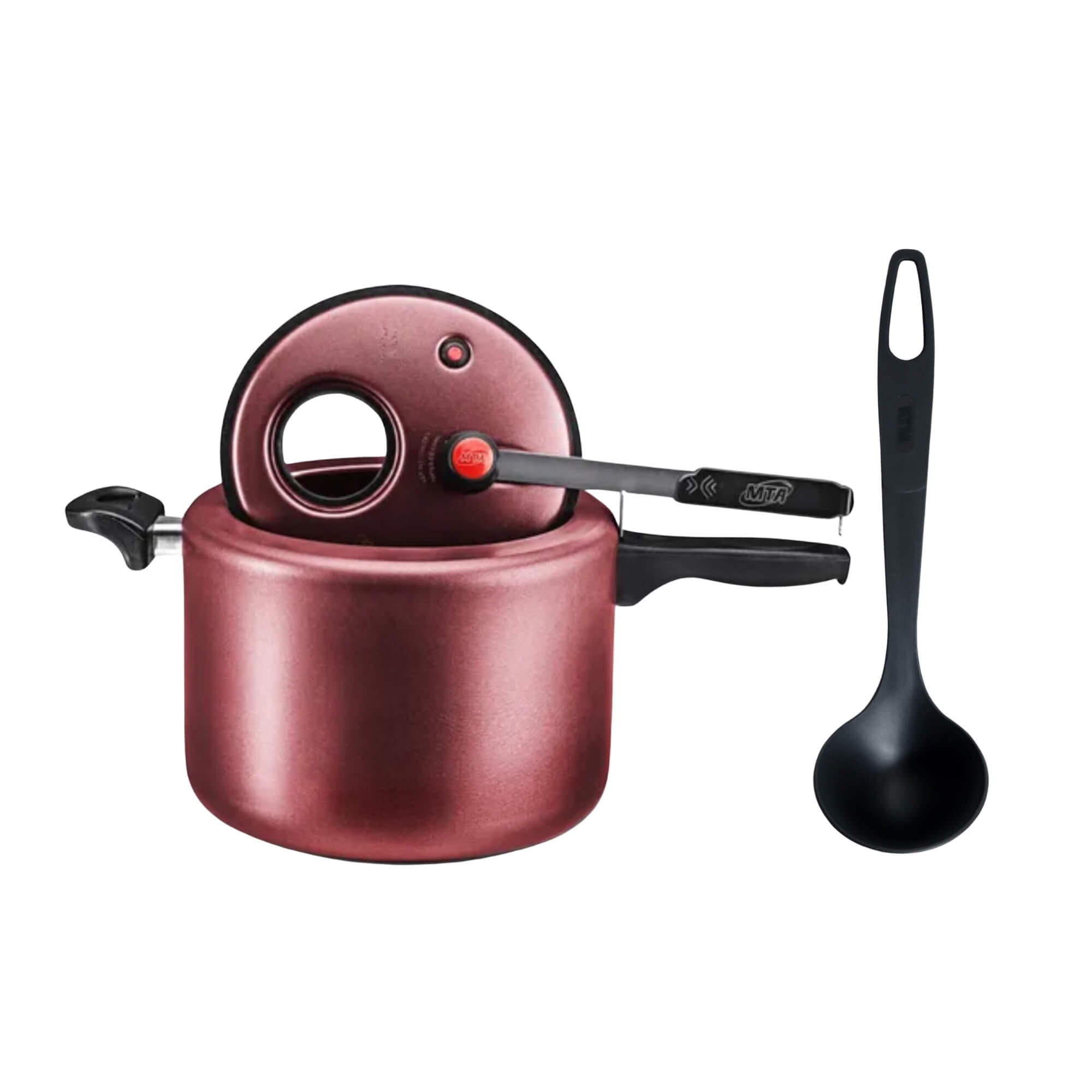 COMP Kit Panela de Pressão 4,5L Antiaderente Cereja com Visor na Tampa e Concha de Feijão Nylon MTA