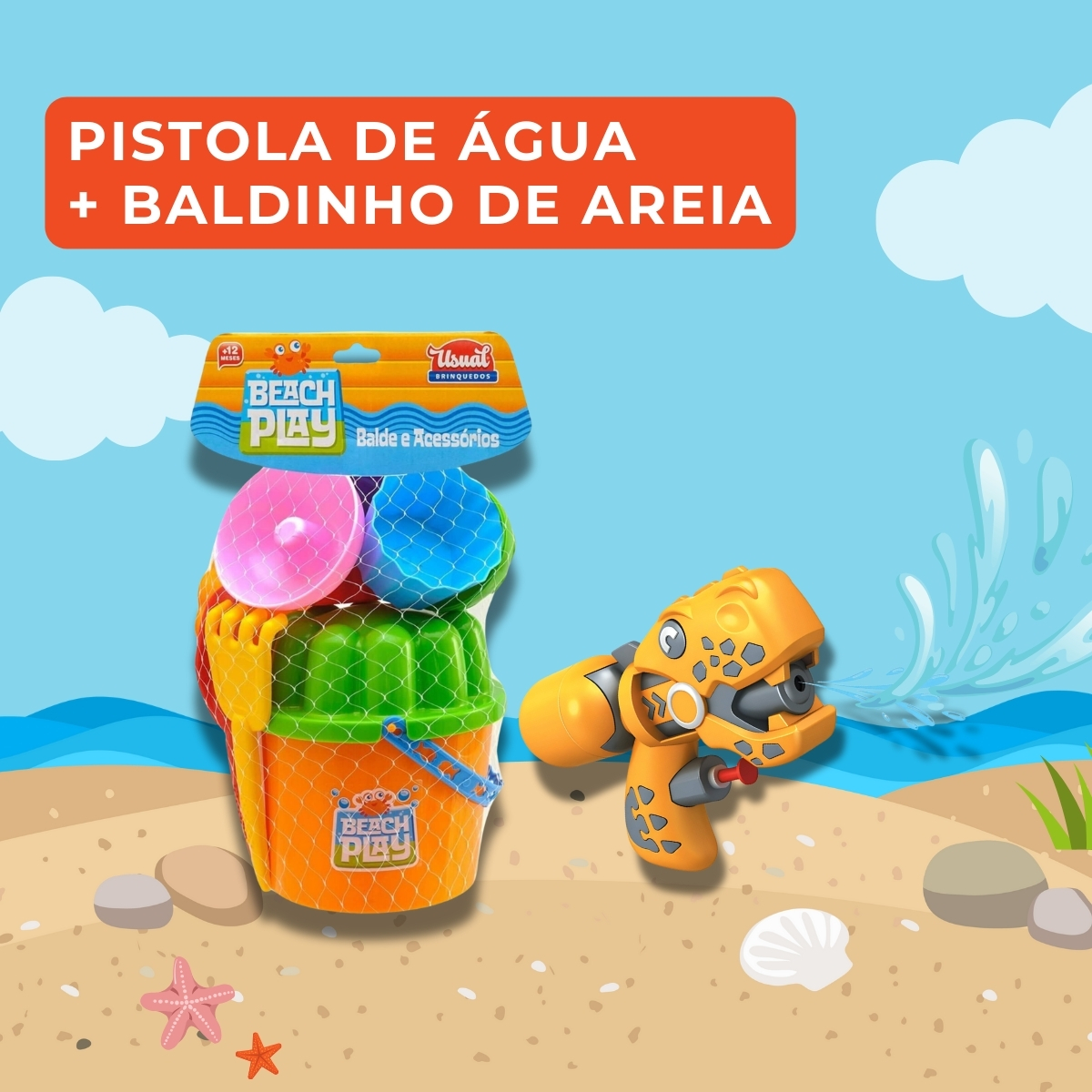 COMP Kit Pistola de Água Com Baldinho Praia Balde Acessórios Brinquedo Infantil Sortido Beach Play 361