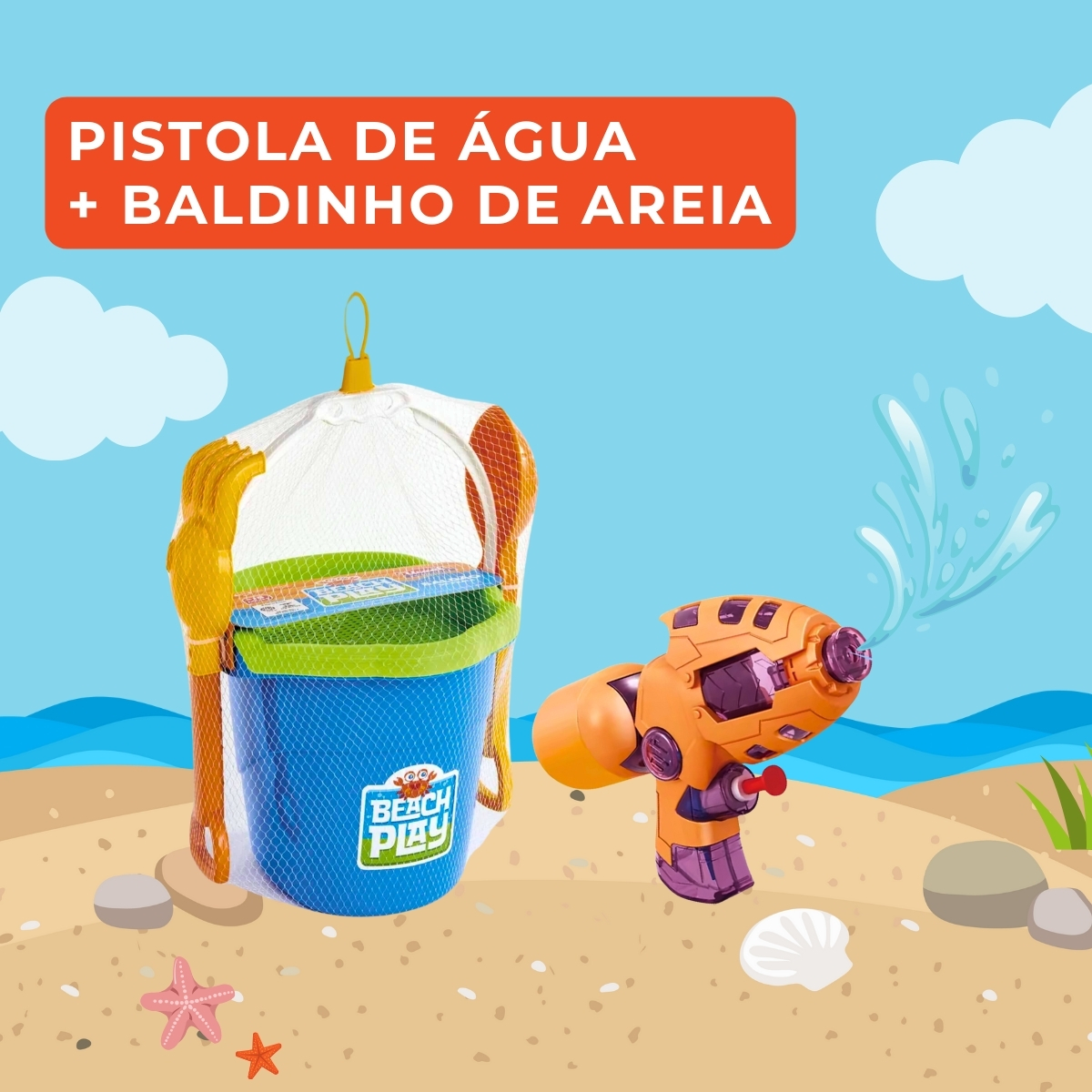COMP Kit Pistola de Água Com Baldinho Praia Balde Acessórios Brinquedo Infantil Sortido Beach Play 637