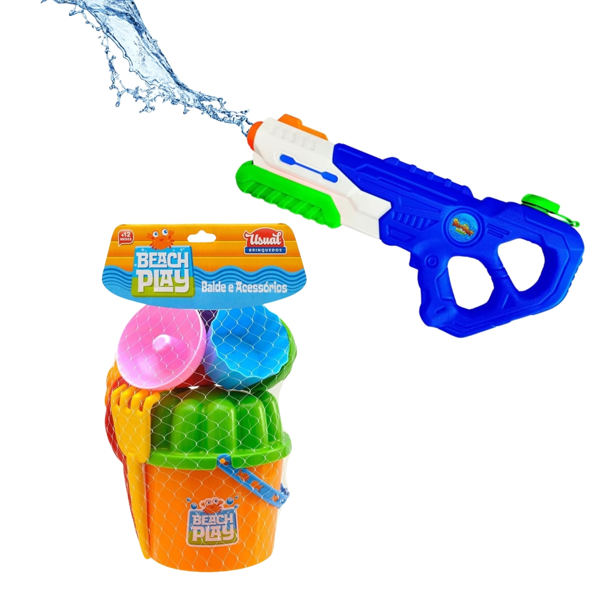 COMP Kit Balde de Areia + Lançador de Água Water Splash Capacidade de até 1L Praia Brinquedo - Usual / Fênix