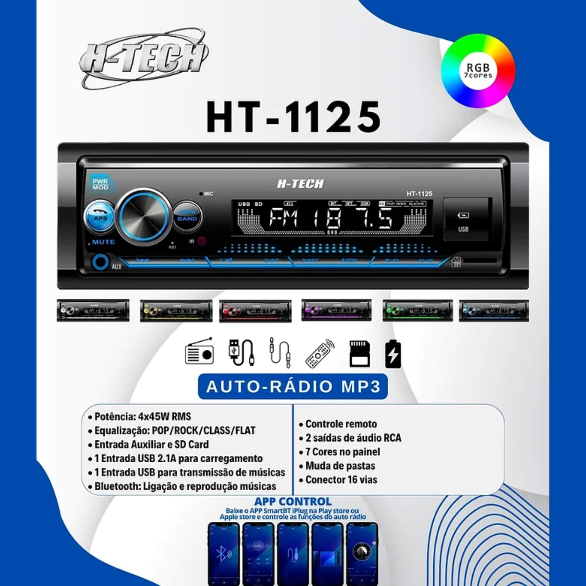 Radio Automotivo 4x45W RMS Bluetooth Entrada Auxiliar e SD Card c/ Controle Remoto H-Tech - HT-1125