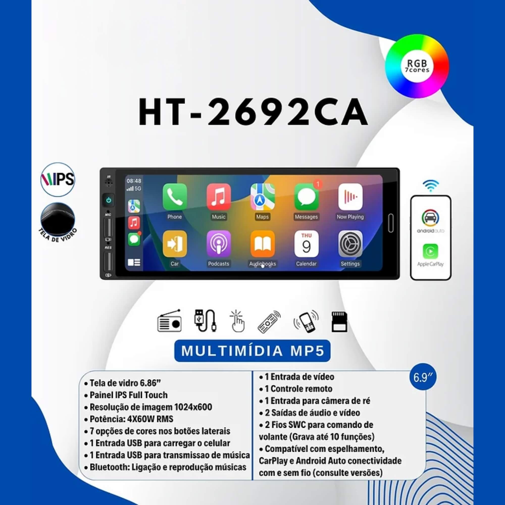 Multimídia MP5 1Din Tela de 6.86" 4X60W RMS Espelhamento, CarPlay e Android Auto H-Tech - HT-2692CA