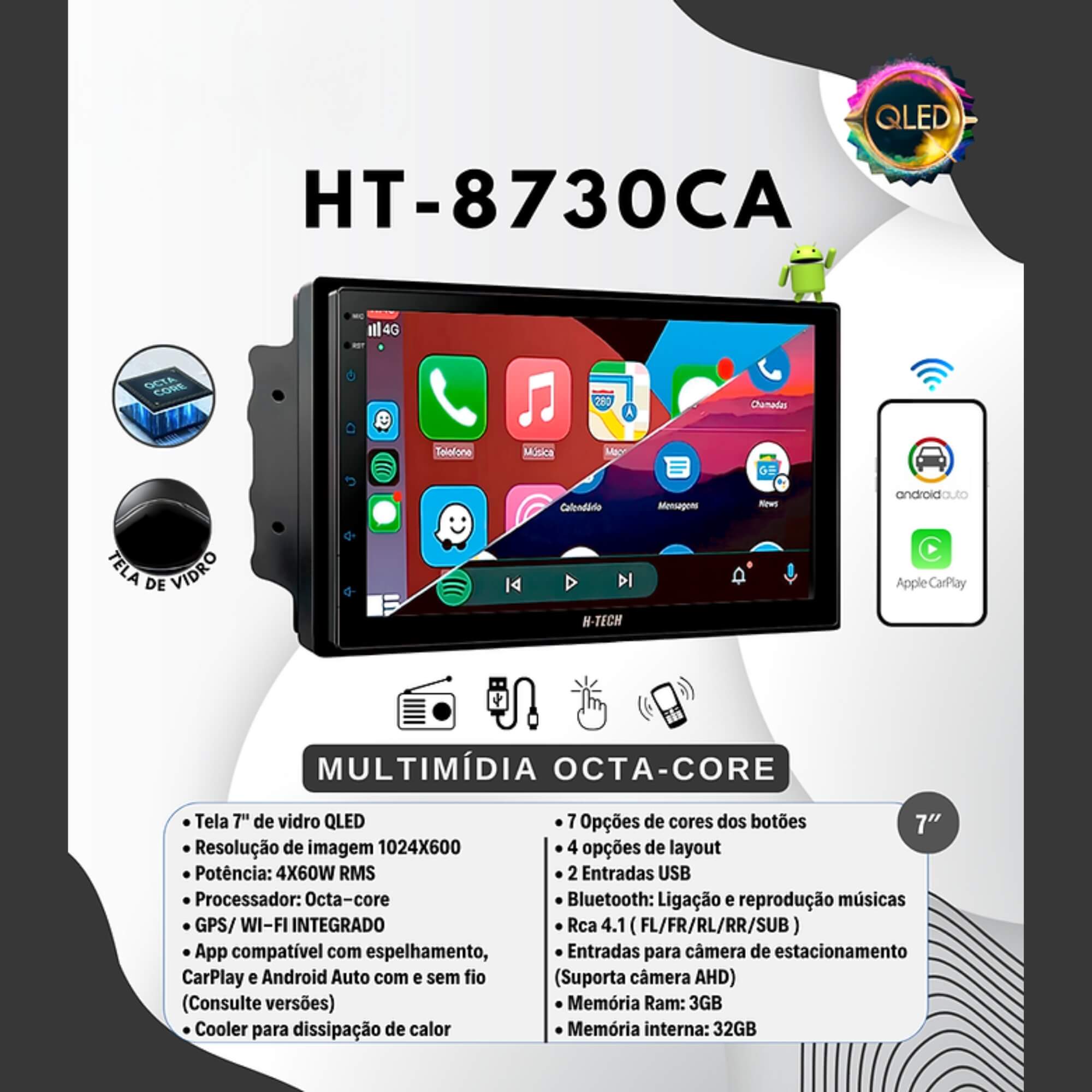 Multimídia Slim 7" 4X60W RMS Espelhamento CarPlay e Android Auto com  3+32GB H-Tech - HT-8730CA