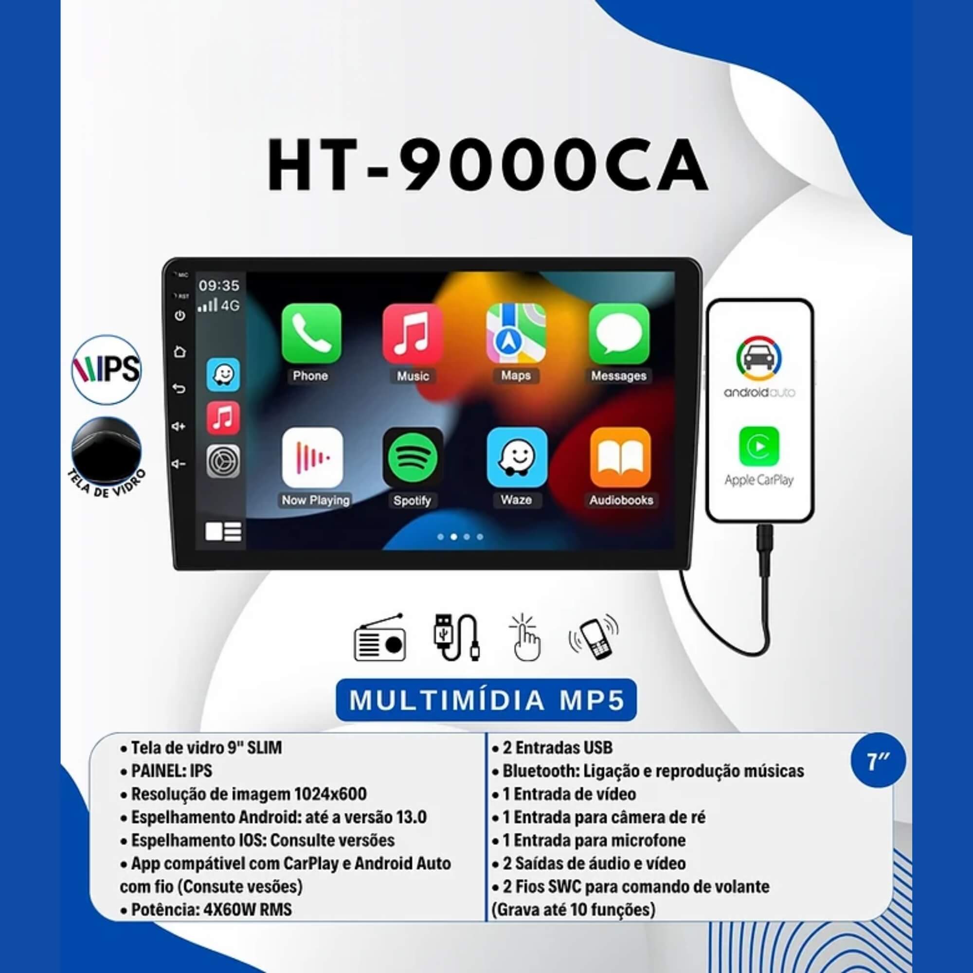 Multimídia Slim 9" Espelhamento CarPlay e Android Auto com Fio 4X60W RMS H-Tech - HT-9000CA