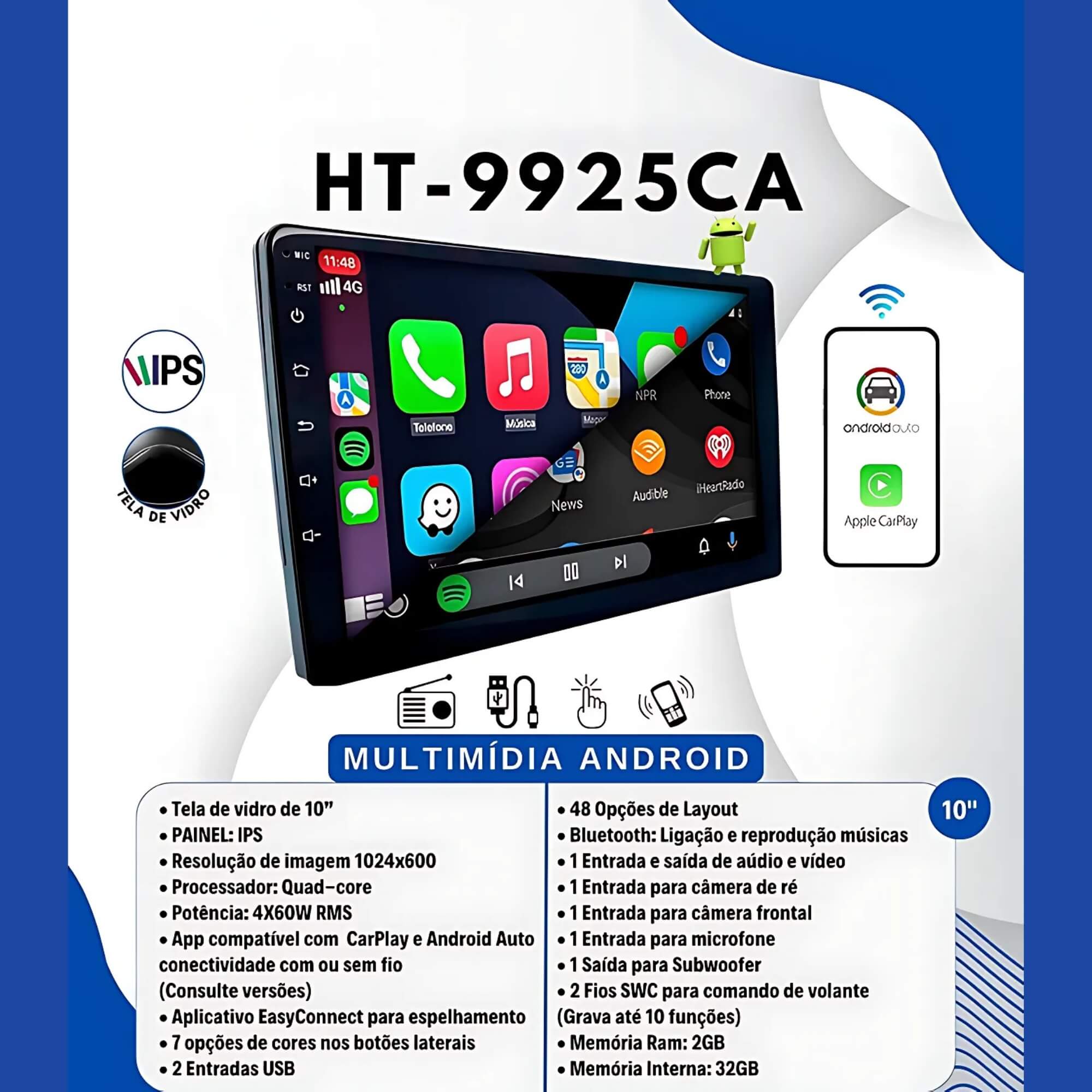 Smart Mídia Slim 10" Android 2+32GB Potência 4X60W RMS Espelhamento sem Fio H-Tech - HT-9925CA