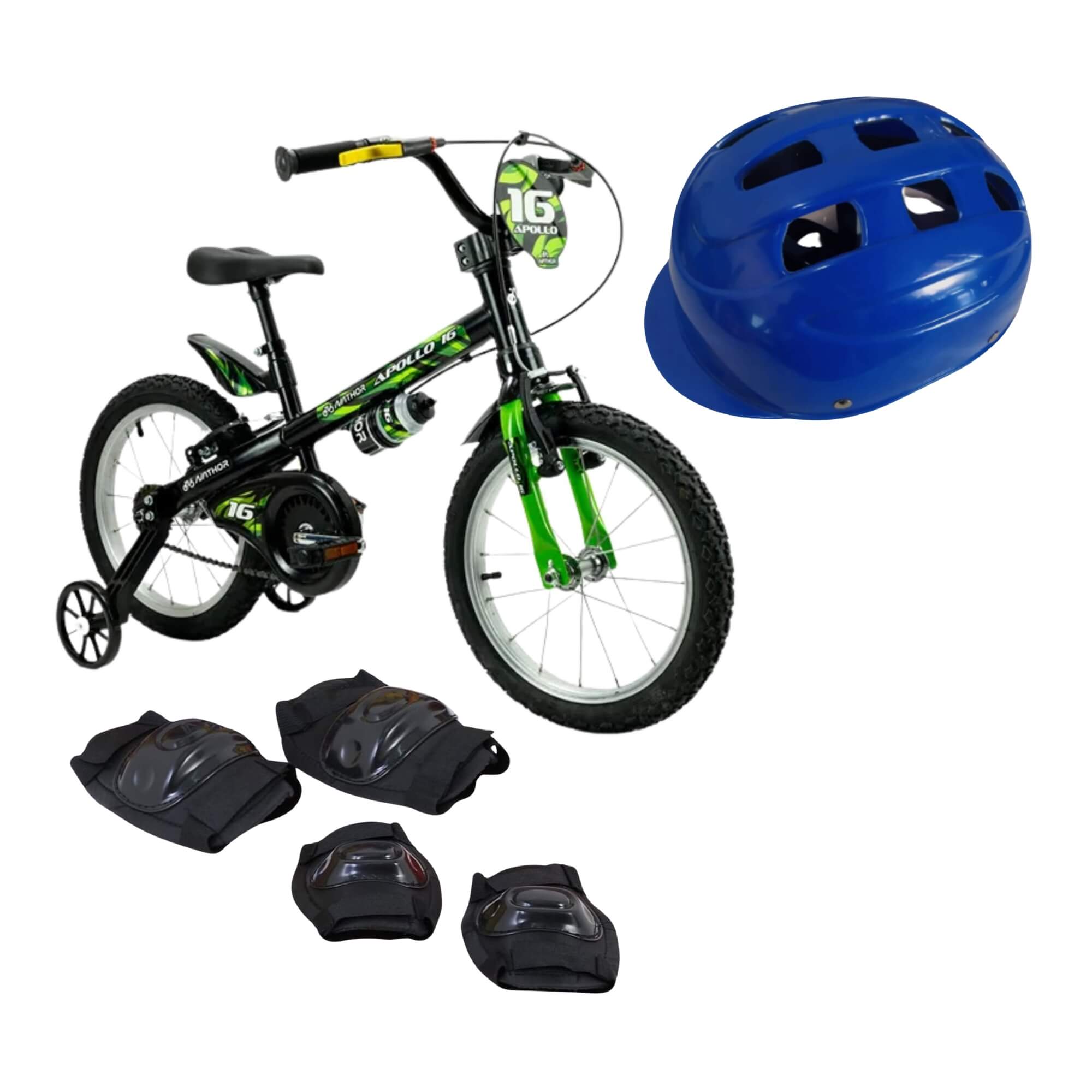 COMP Bicicleta Infantil Aro 16 Apollo 4 Nathor + Kit de Proteção 3x1 Azul