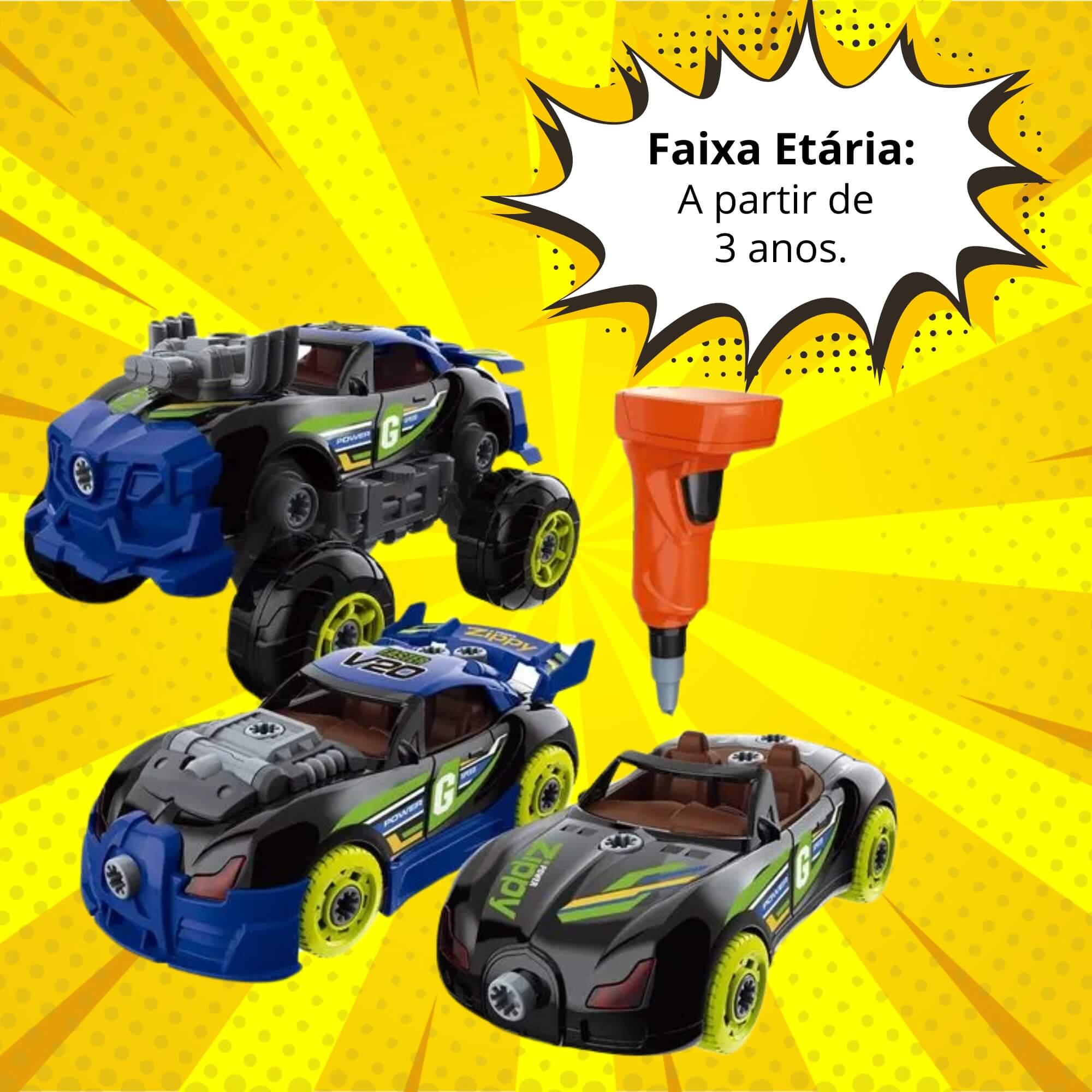 Brinquedo Infantil Carrinho Turbo Tools Mustang/Bugatti 3 em 1 com Ferramentas Multikids - BR2164