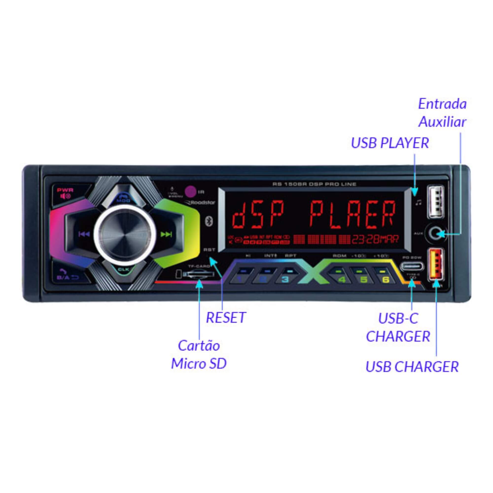 Auto Rádio Usb/Sd/Aux/Bluetooth AM/FM DSP Pro Line Roadstar - RS150BR MI