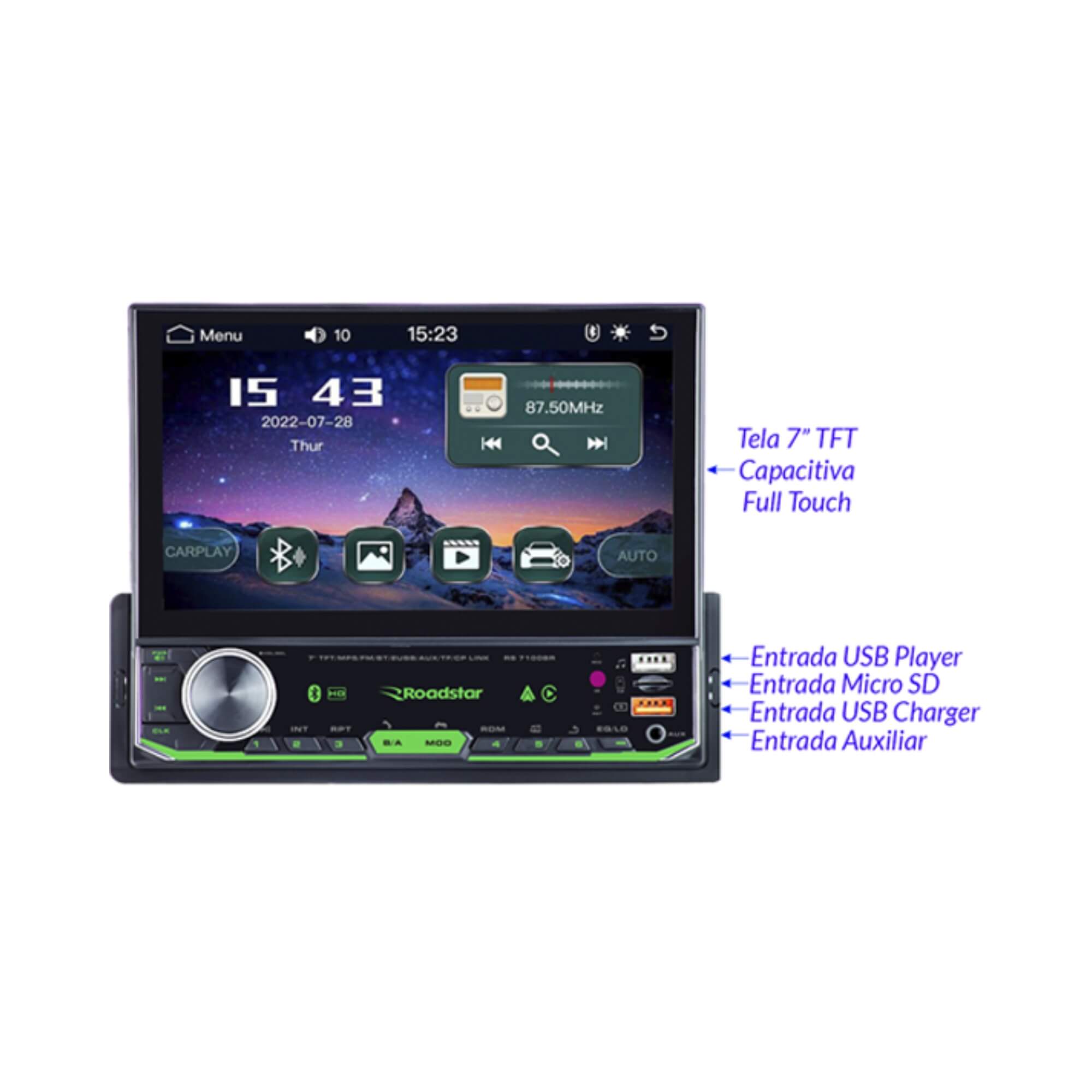 Multimídia 1 DIN 7" Full Touch MP5 Carplay Pro Line Roadstar - RS-7100BR MI