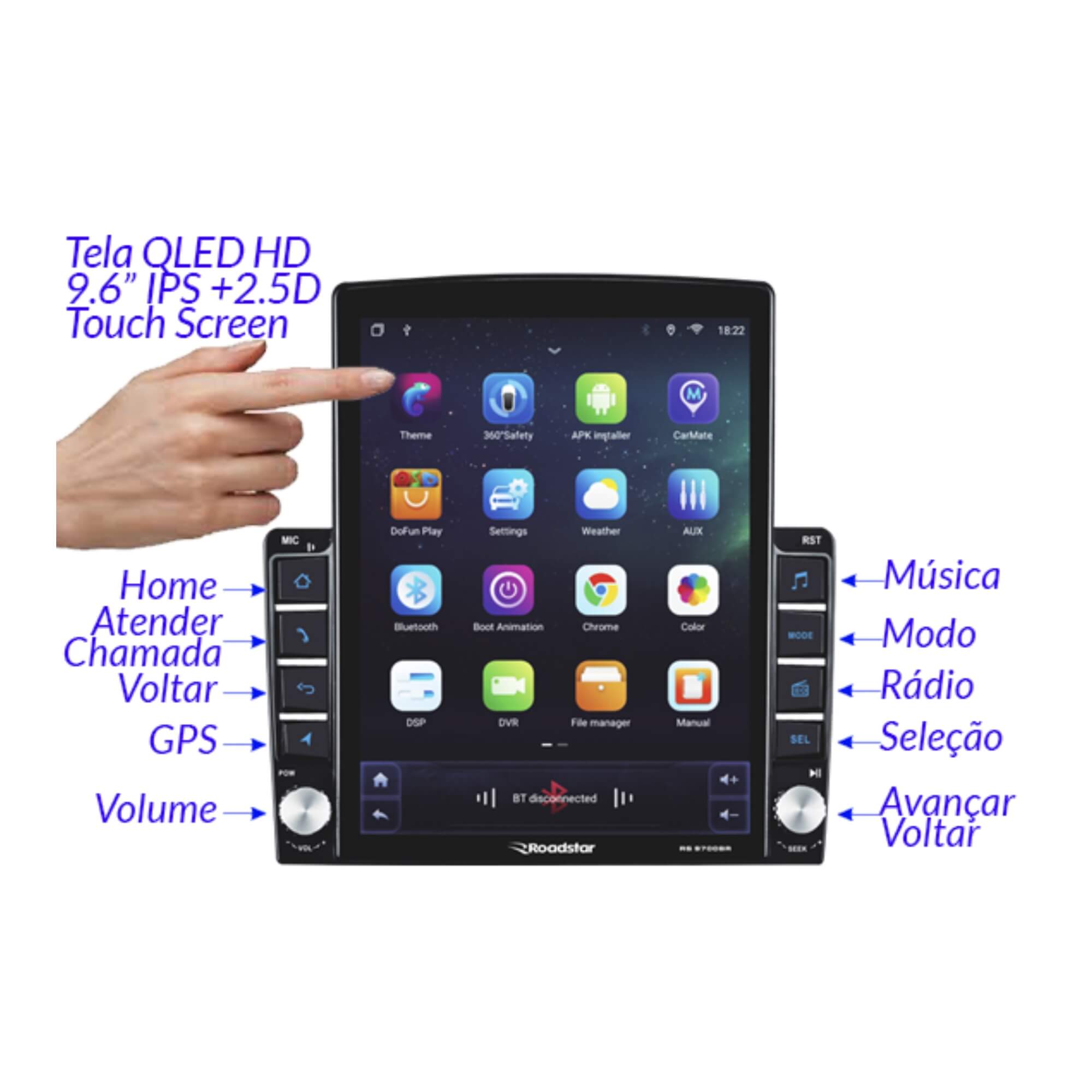 Multimídia Android Carplay Pro Line Tela QLED de 9.7" Full Touch Roadstar - RS9700BR MI