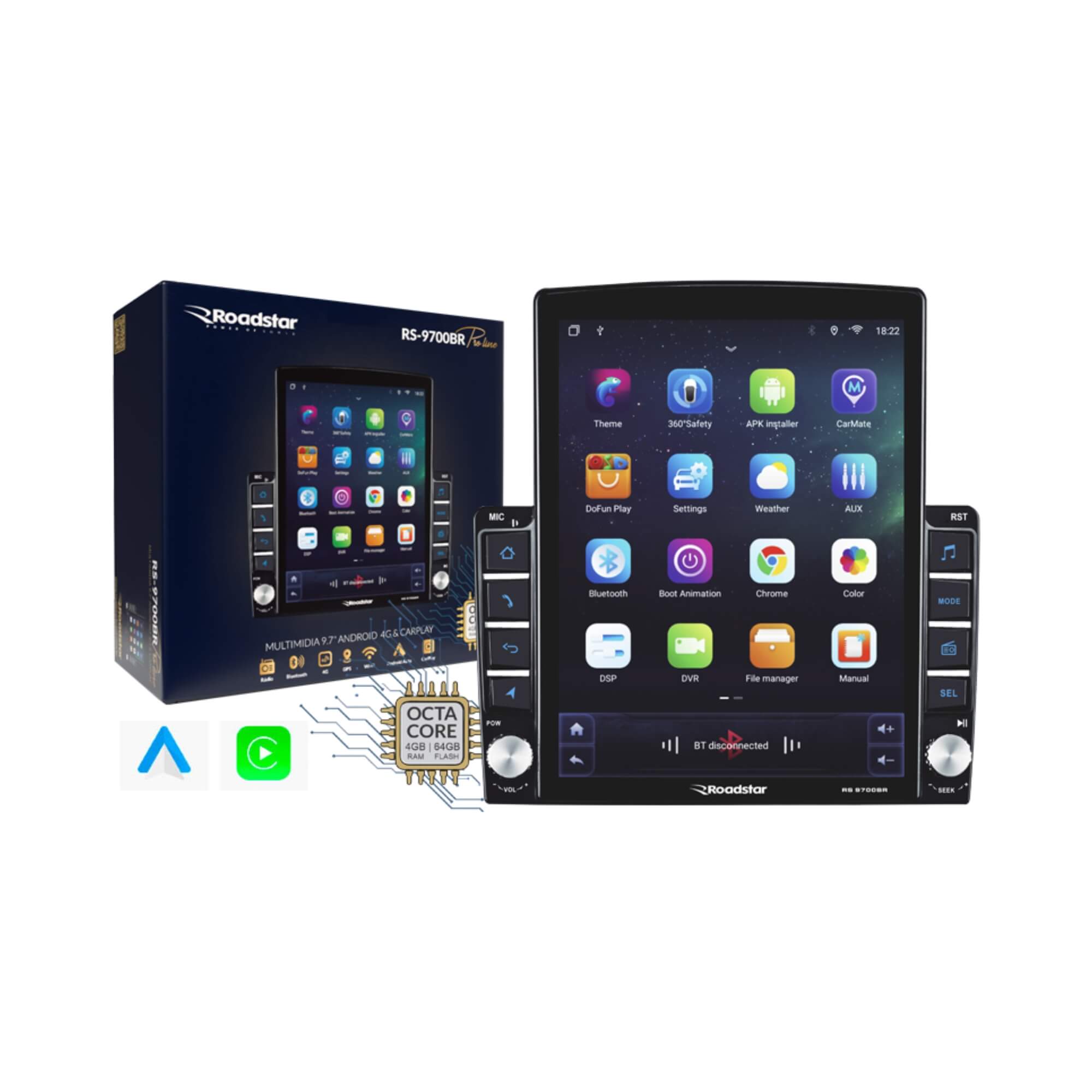 Multimídia Android Carplay Pro Line Tela QLED de 9.7" Full Touch Roadstar - RS9700BR MI