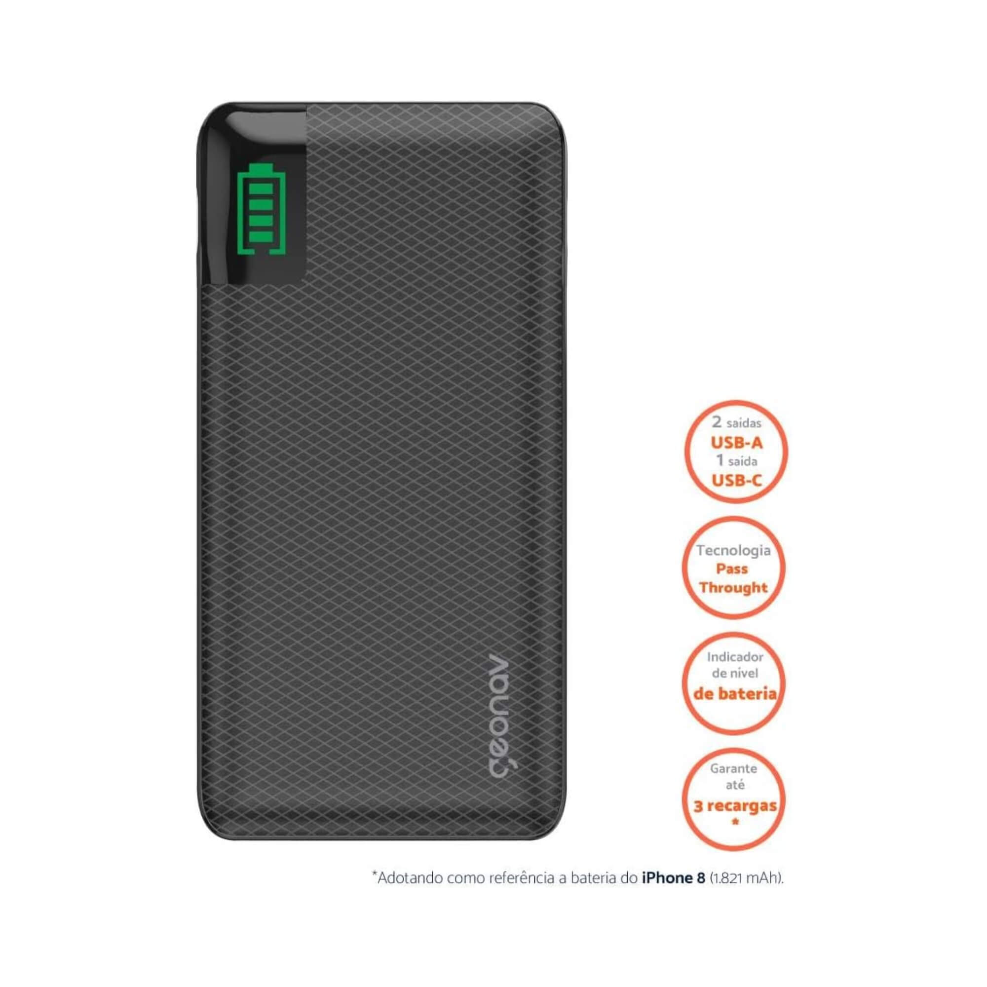 Carregador Portátil Universal 10.000mAh 2 Portas USB + 1 Porta USB-C Geonav - 7898564045345