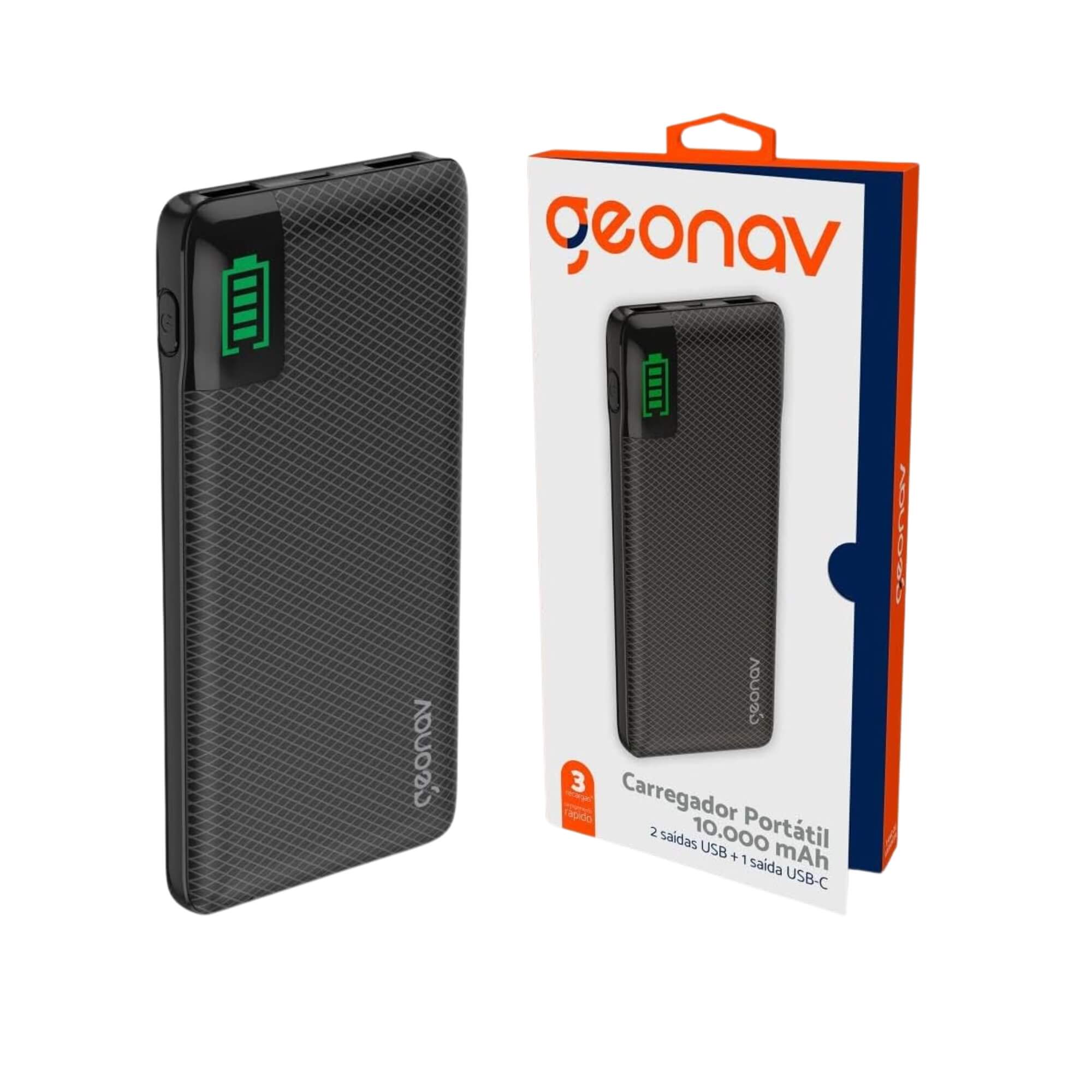 Carregador Portátil Universal 10.000mAh 2 Portas USB + 1 Porta USB-C Geonav - 7898564045345
