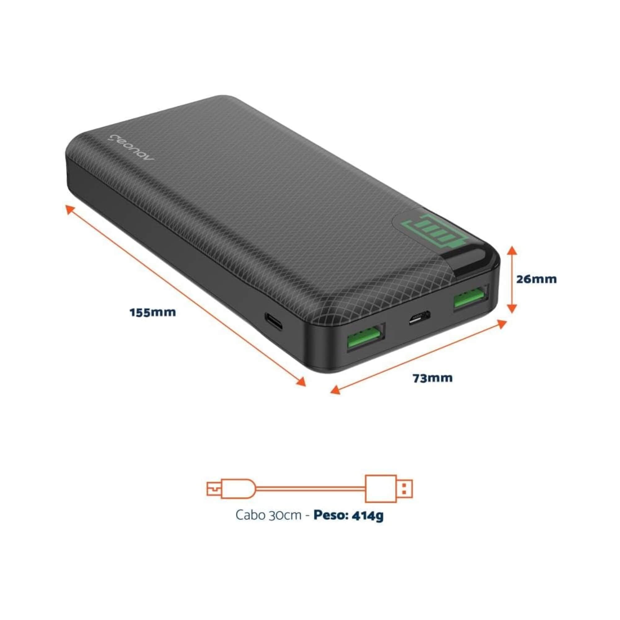 Carregador Portátil Universal Powerbank 20000mah USB Tipo C 18W Turbo Geonav - 7898564045314
