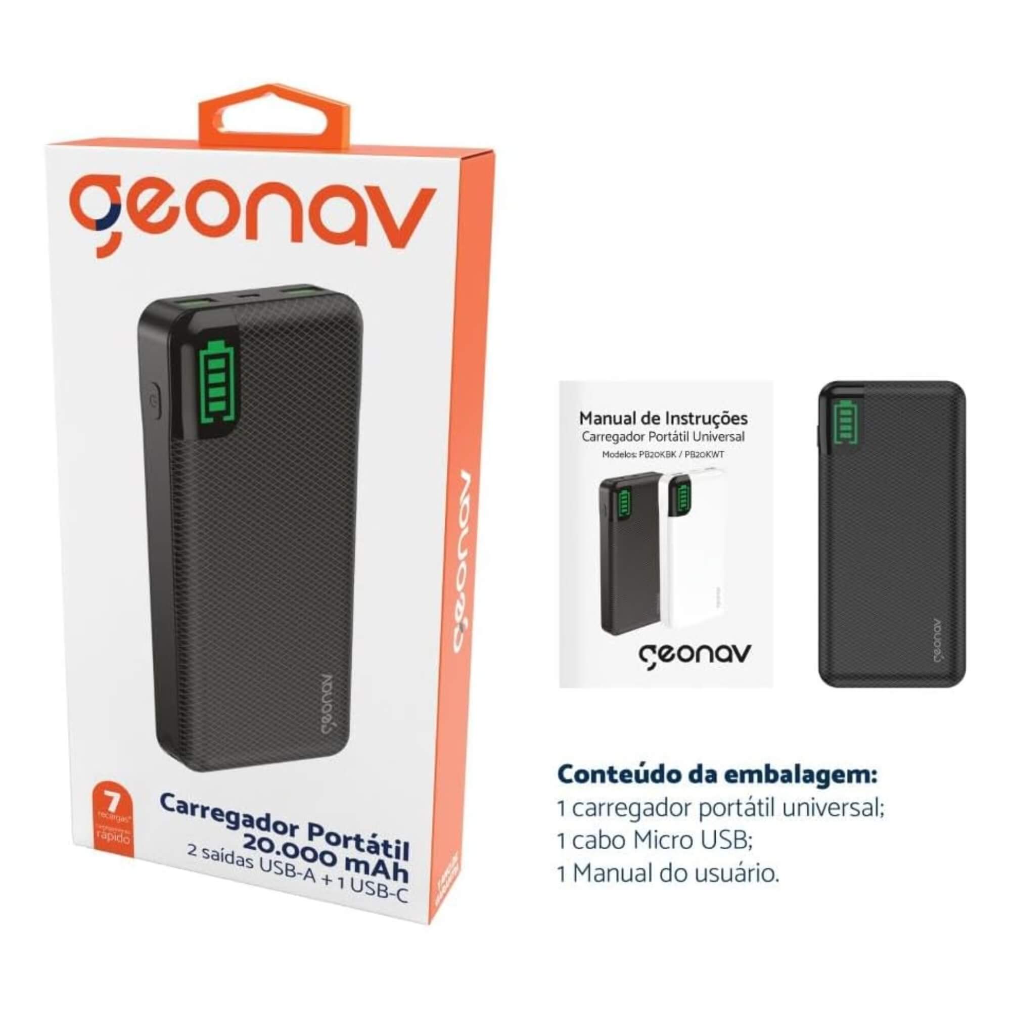 Carregador Portátil Universal Powerbank 20000mah USB Tipo C 18W Turbo Geonav - 7898564045314