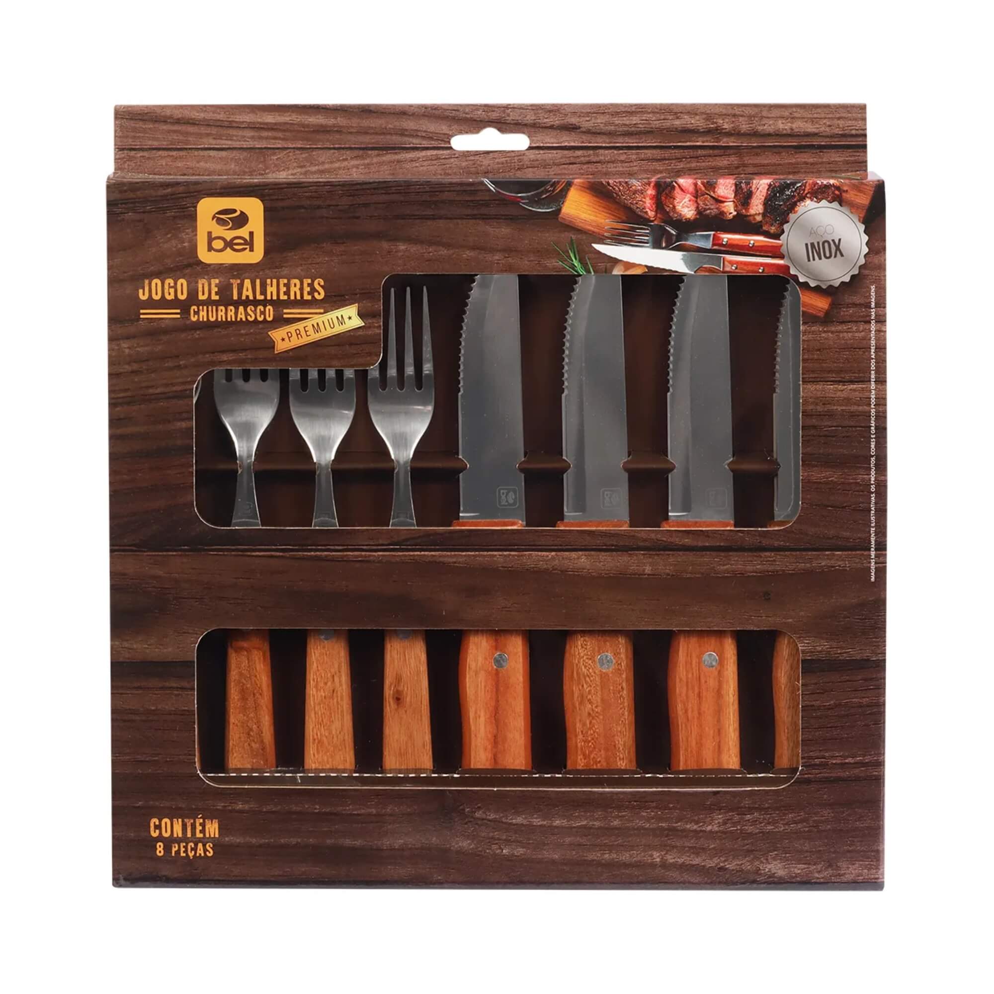 Jogo de Talheres Premium em Inox com Cabo de Madeira para Churrasco 8 Peças Bel - 257300