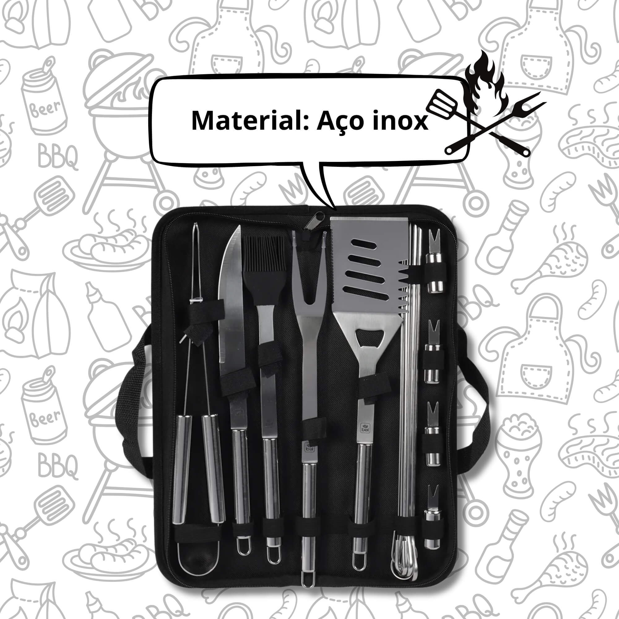 Kit Churrasco Premium em Inox 16 Peças com Estojo Bel - 256600