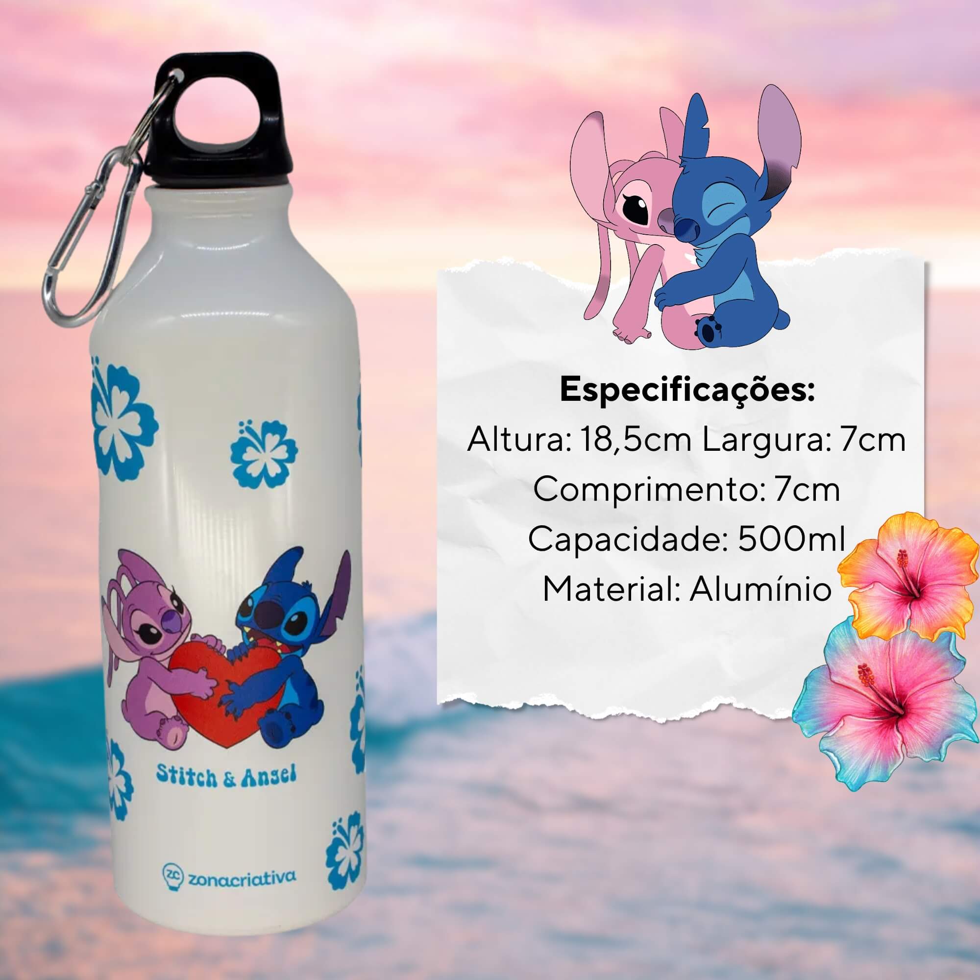 Garrafa de Alumínio com Mosquetão Stitch Namorados Disney 500ml Zona Criativa - 10073259
