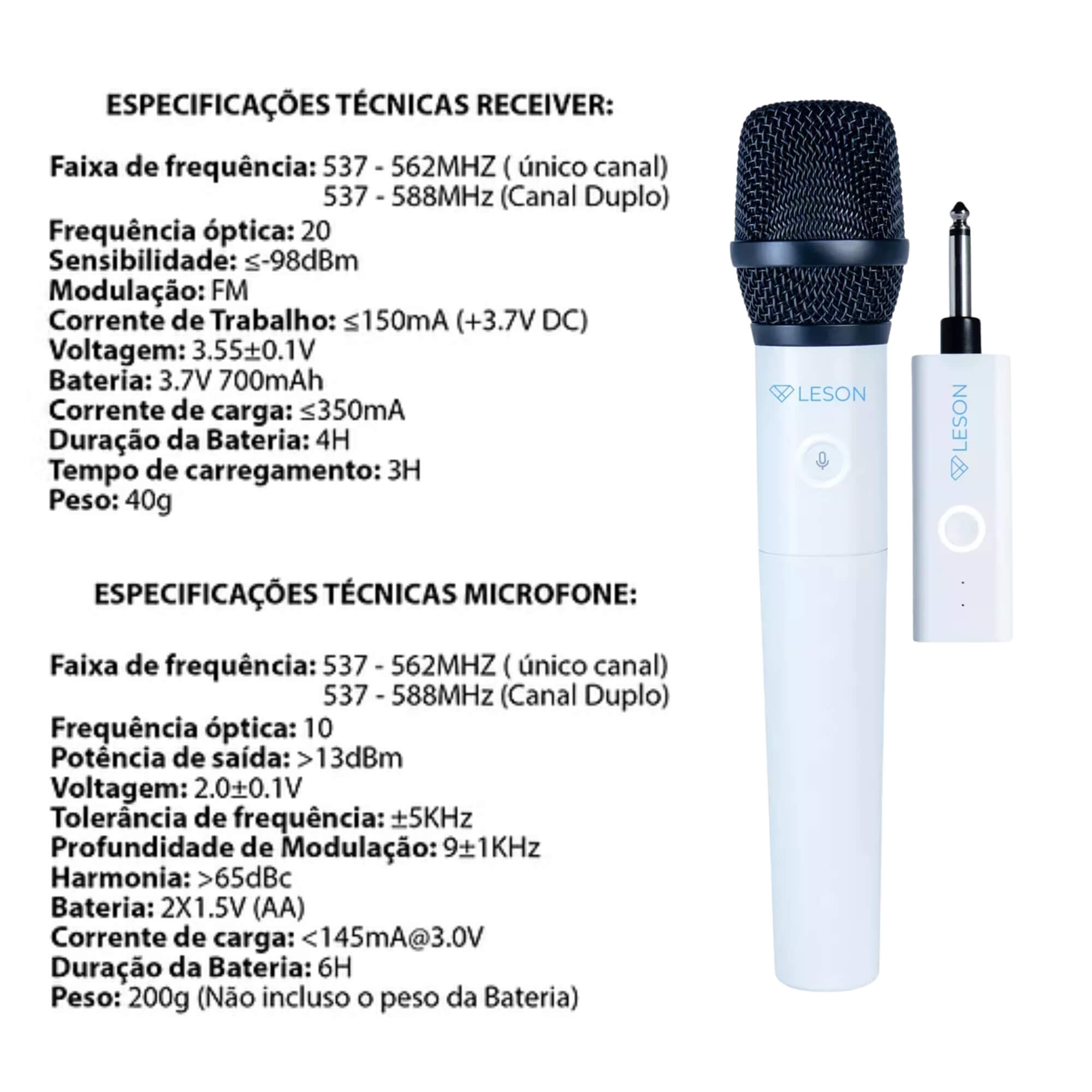 Microfone sem Fio Dinâmico AR100 HT na cor Branca Leson - 2AMAR100B